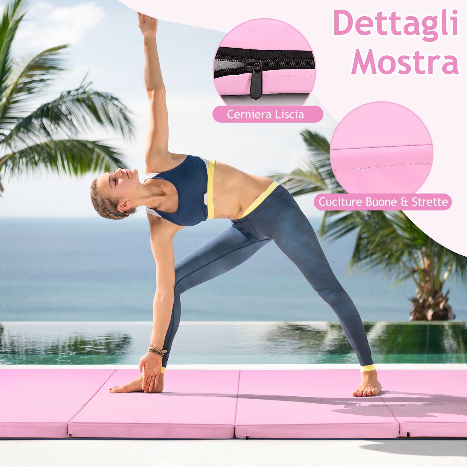 GYMAX Tappetino Fitness Yoga, 240x120x5 cm, 4 Segmenti Pieghevoli, Materassino da Ginnastica, Impermeabile in Schiuma PU, con Manici, Leggero e Portabile, Trasporto Facile