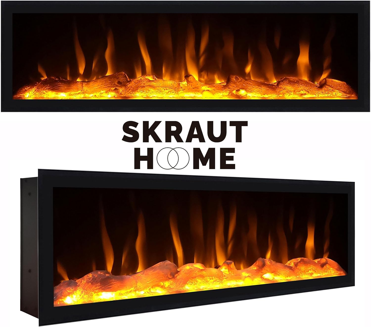 Close-up of the Skraut Home electric fireplace unit with 3D flame effect