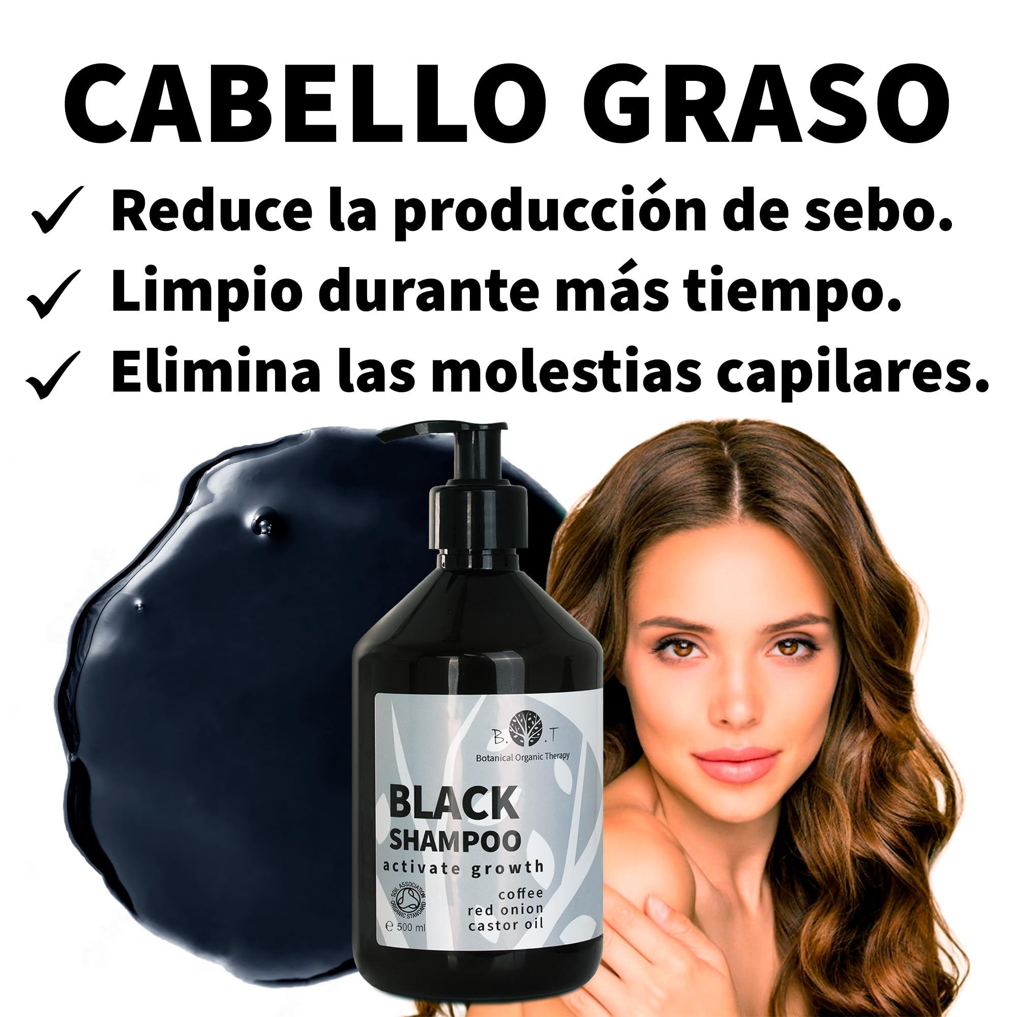Champú de Cebolla, Cafeína y Ricino Control Antigrasa | Estimulador de Crecimiento Capilar | Anticaída | Seborregulador | Anticaspa, Negro, 2000 ml