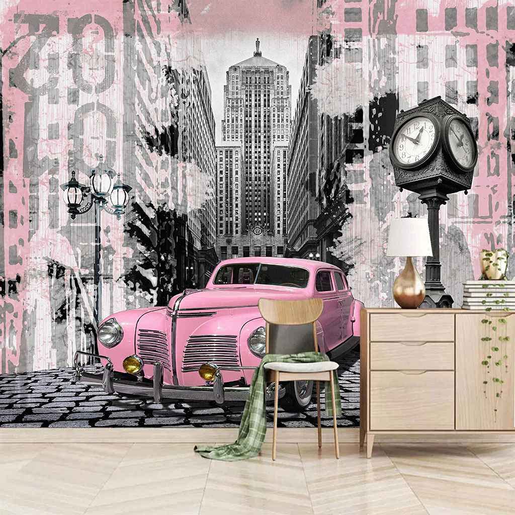 Papier peint panoramique 3D voiture rose, peinture murale sans colle