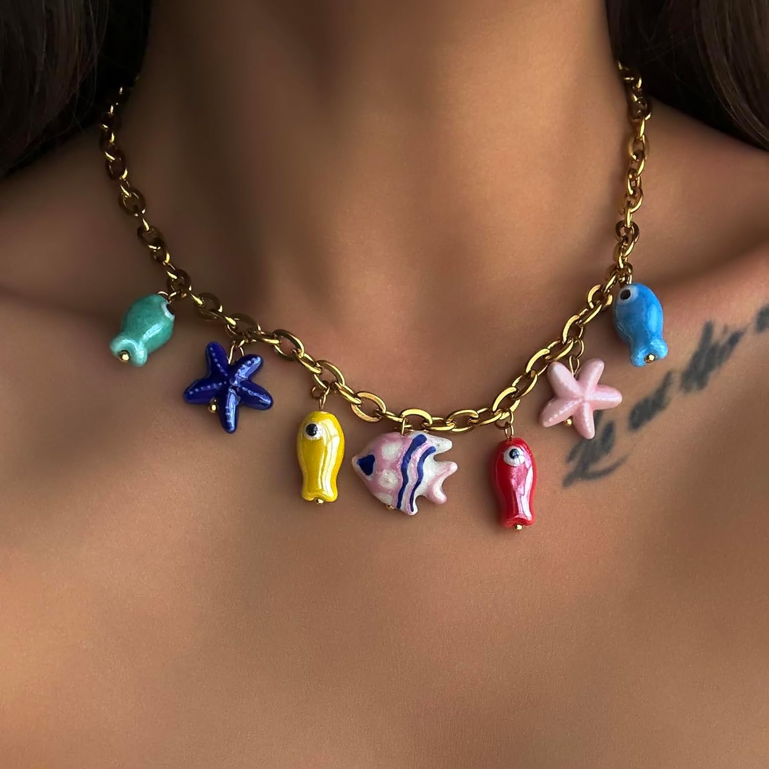 Charm Necklace for Women,Delicate Seashell Charms Stainless Steel Necklace for Women, Gold Chain with Tropical Fish, Starfish, Conch Cute Summber Beach Jewelry Gifts - Image 4