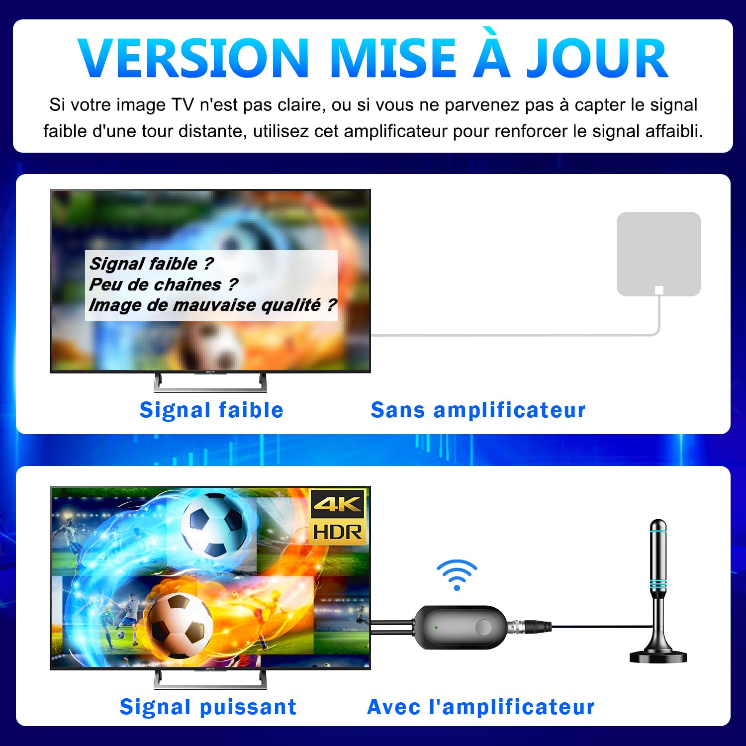 Amplificateur Antenne TV Booster Signal TNT DVB-T2 Compatible Télévision Numérique Full HD 4K UHD