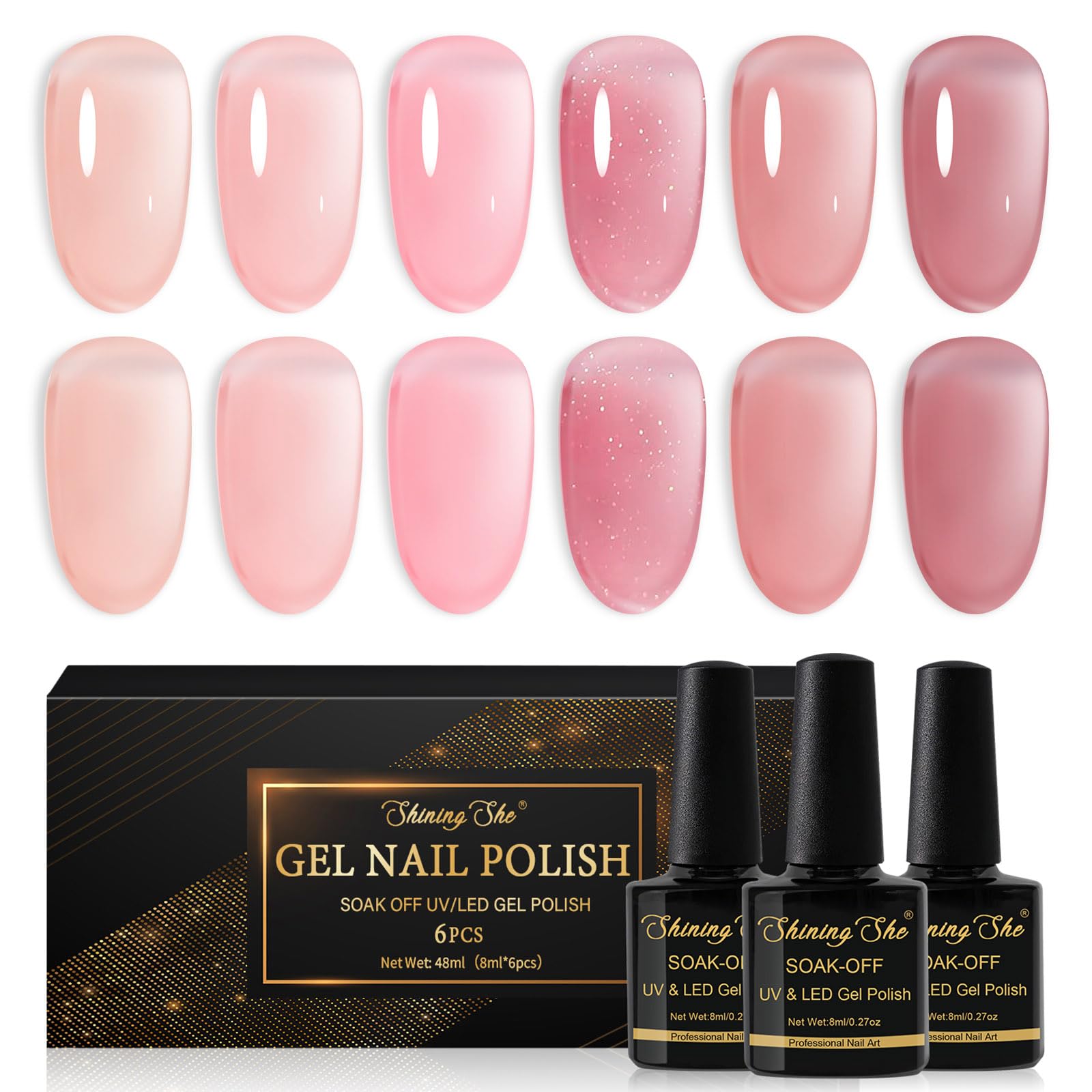 Shining She Esmaltes Semipermanentes de Uñas en Gel UV LED,6 Colores Gelatina de Cristal Jelly Rosa Desnudo Manicura Francesa Pintauñas Semipermanentes para Novato Art DIY,8ML