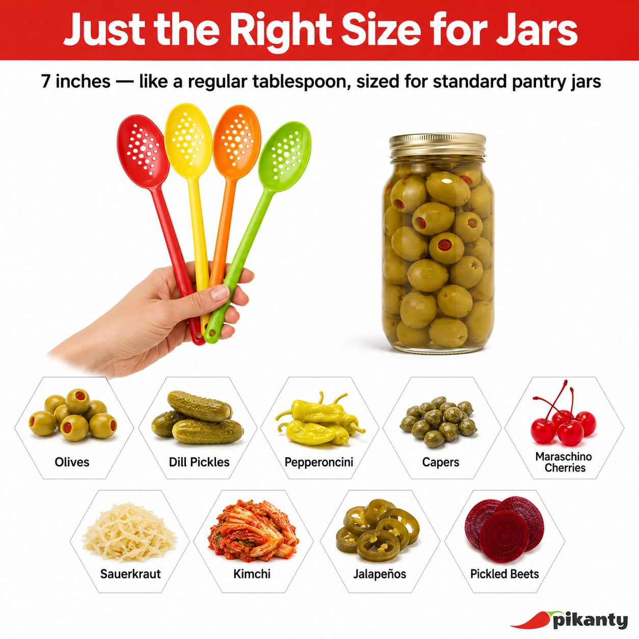 Juego de 4 cucharas de oliva y pepinillos de 7 pulgadas, pequeños utensilios de servir ranurados para tarros, perfectos para aceitunas, encurtidos, alcaparras, remolachas en escabeche, pepperoncini