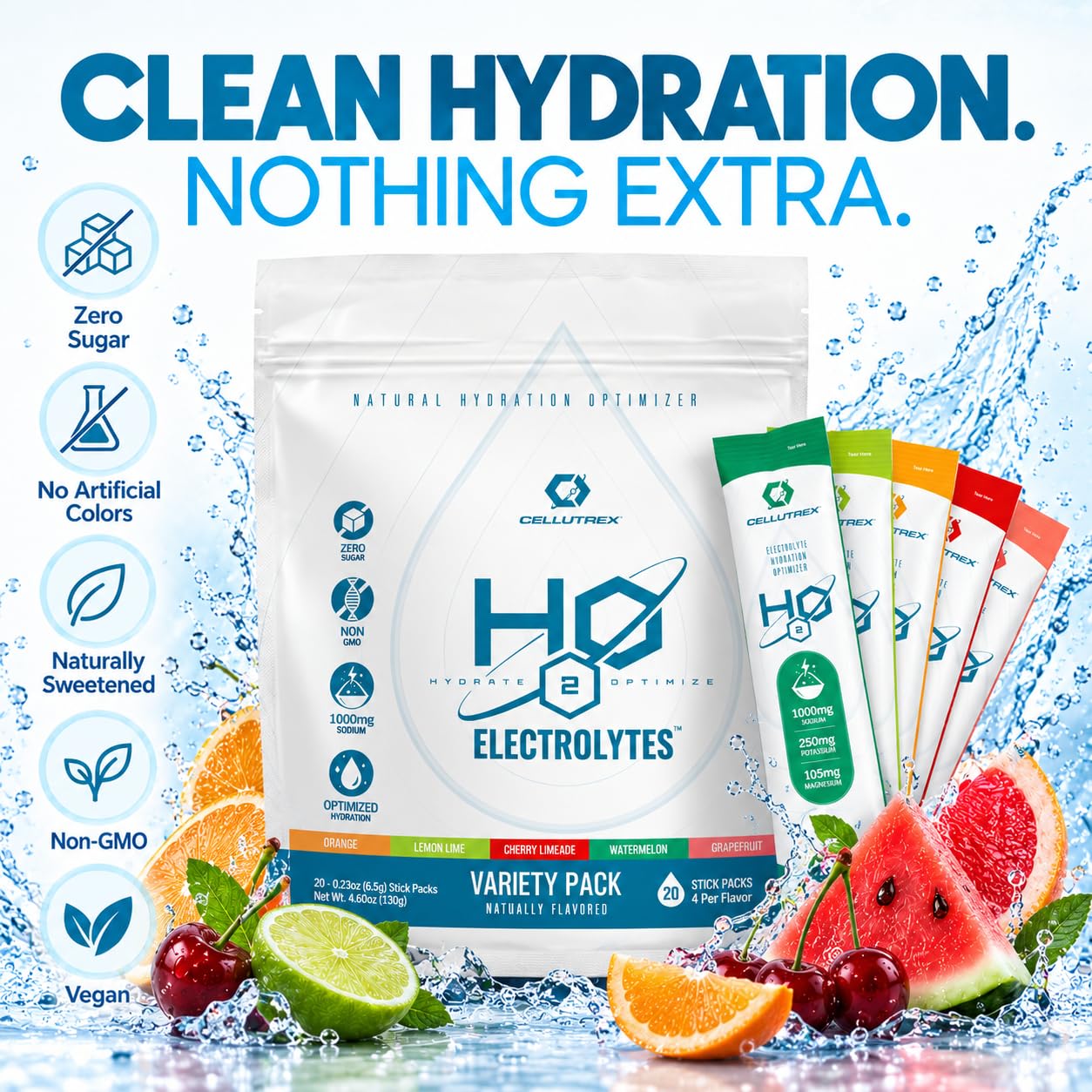 Cellutrex® H2O Electrolytes – Electrolyte Powder Drink Mix, Zero Sugar, Natural Himalayan Salt Hydration Packets for Recovery and Wellness, FSA-HSA, Variety Pack, 20 Sticks — Amazon image 4
