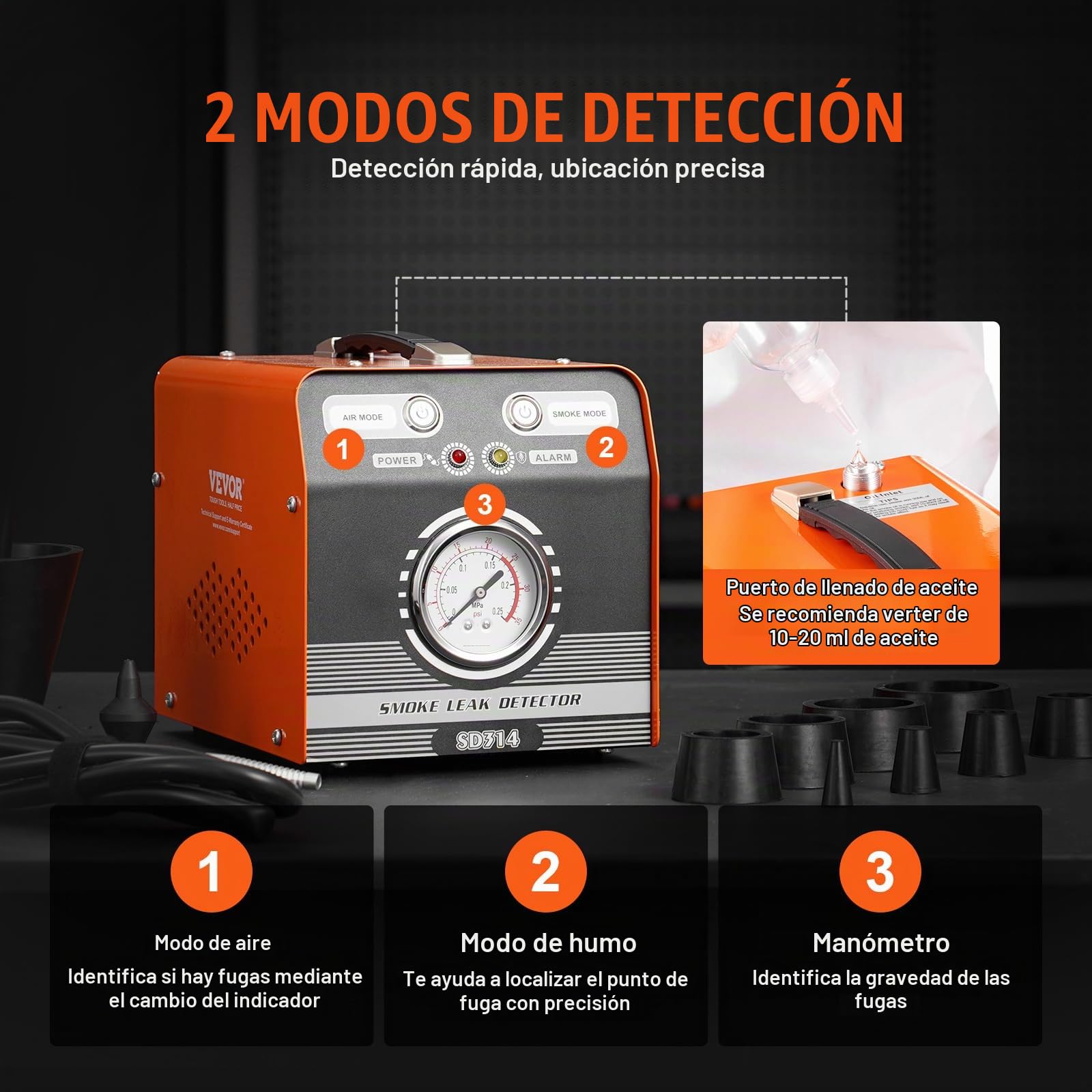 VEVOR Detector de Fugas de Humo para Automóviles, con Bomba de Aire y Manómetro Integrados, Modo Dual para Pruebas de Sistemas de Tuberías, Combustible y Vacío, 255 x 176 x 197 mm, 8 L/min, 19-23 PSI