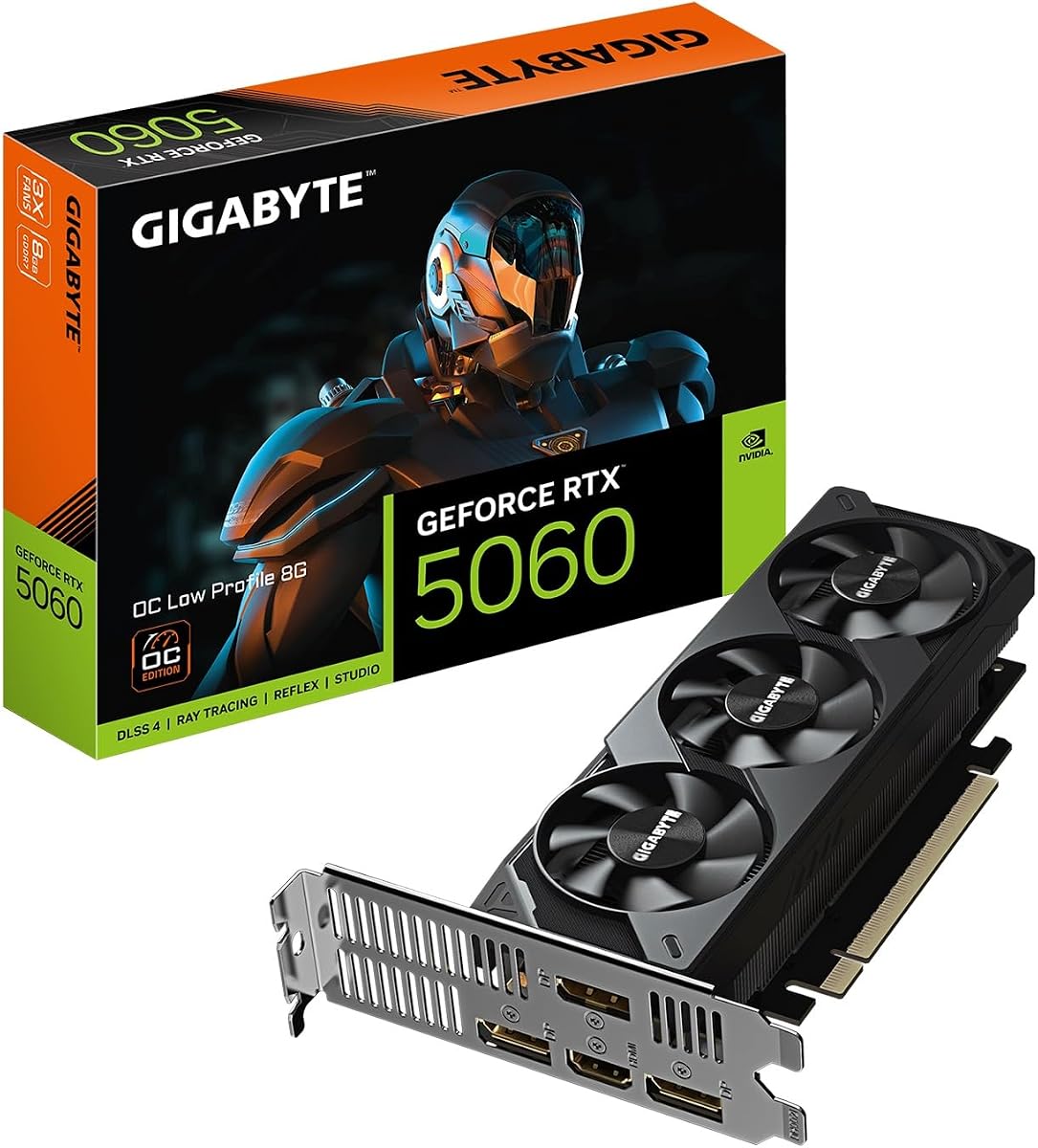 GeForce RTX 5060 OC Low Profile 8G Graphics Card, by NVIDIA, 8GB 128-bit GDDR7, PCIe 5.0, Supports up to 4 displays, DisplayPort & HDMI - Video Output Interface, GV-N5060OC-8GL Video Card