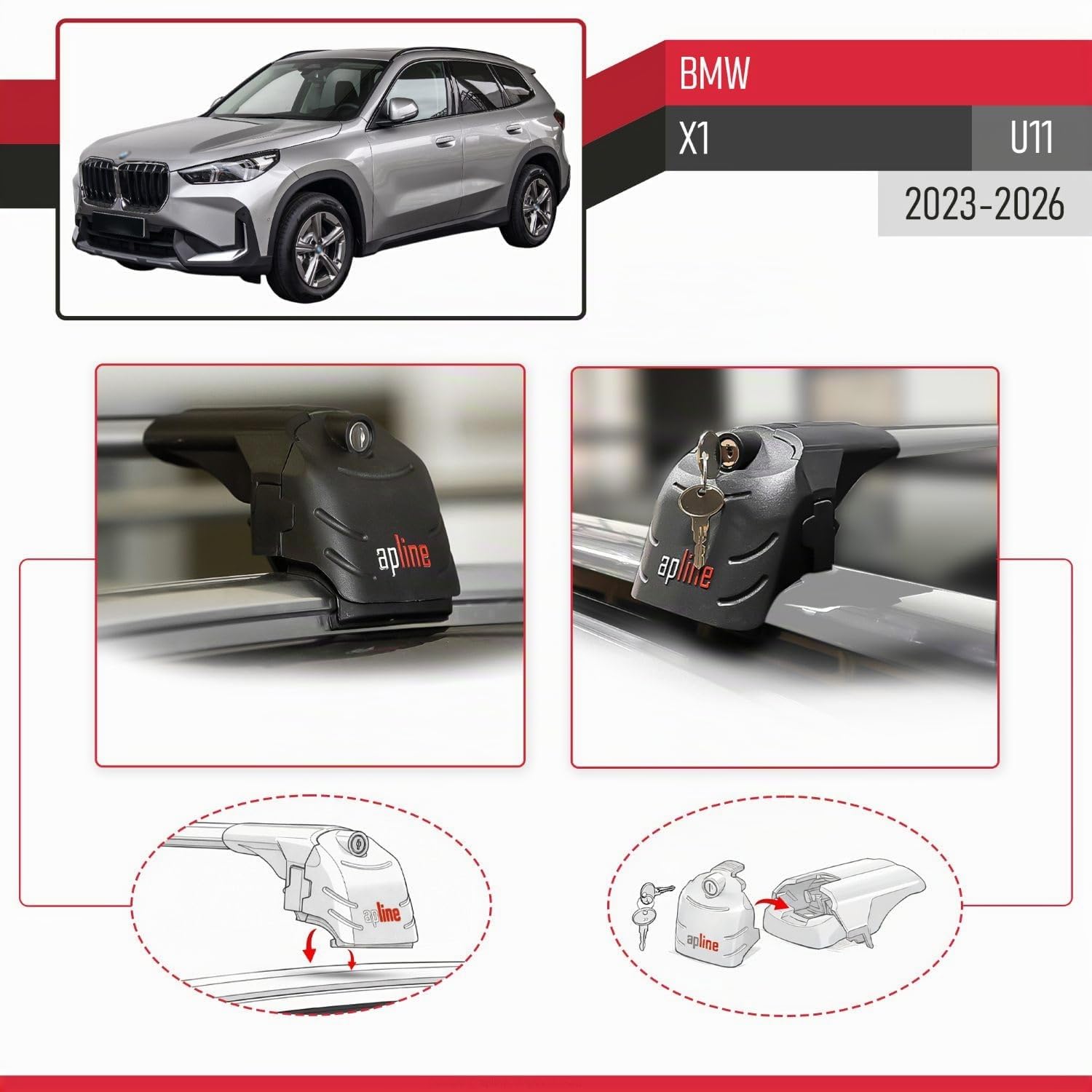 Compatible con BMW X1 (U11) 2023-2026 Modelo Ace-2 Barra de Techo Auto Portaequipajes Barras Transversales Gris Aluminio 2 Barras