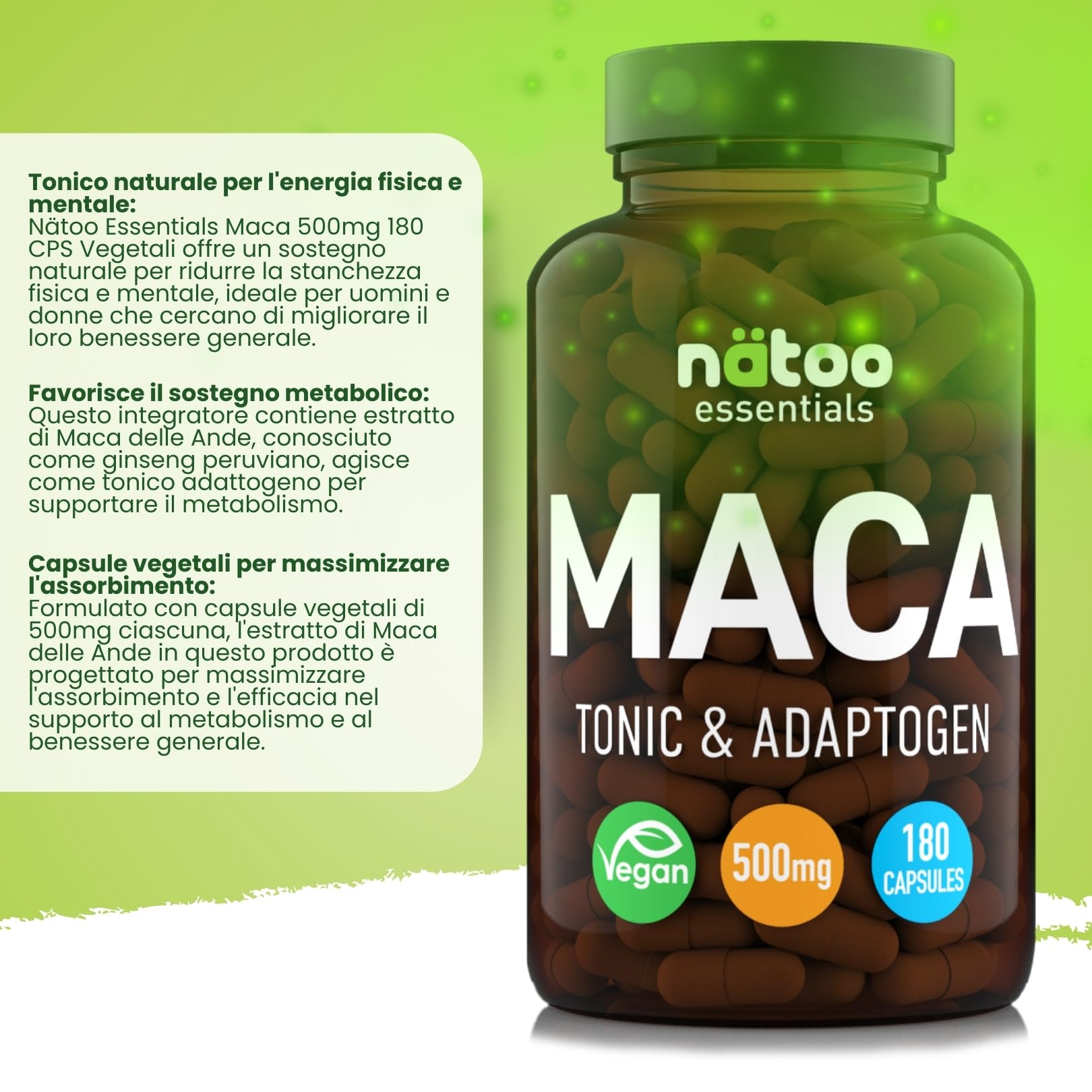NÄTOO Essentials Maca 500mg 180 CPS Vegetali - Integratori Stanchezza con Maca Peruviana delle Ande (Ginseng Peruviano), Maca Forte con proprietà tonico adattogene, radice di Maca