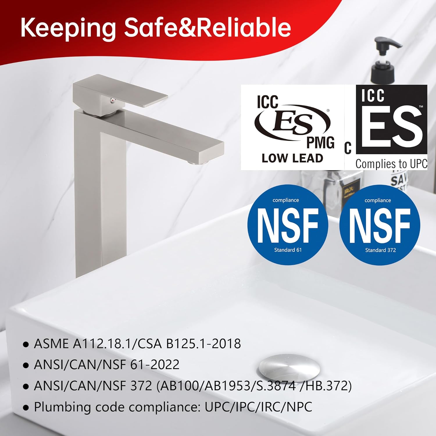 sumerain Brushed Nickel Tall Bathroom Vessel Sink Faucet, Water-Saving Lavatory Faucet Single Hole Single Handle, 304 Stainless Steel