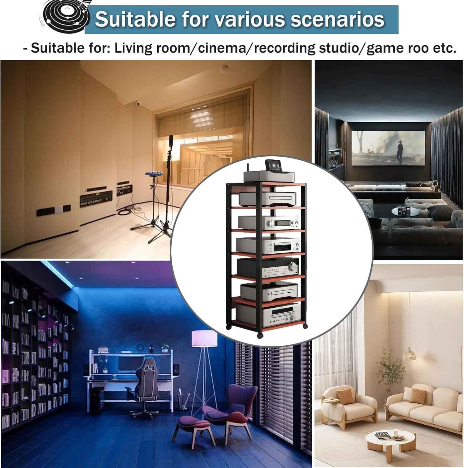 Mobile stereo hi fi rack hifi Av media stand a 7 livelli con ruote e supporto regolabile in altezza, armadio rack audio per soggiorno, sala teatro, ripiano rack amplificatore, centro intratte(Nero)