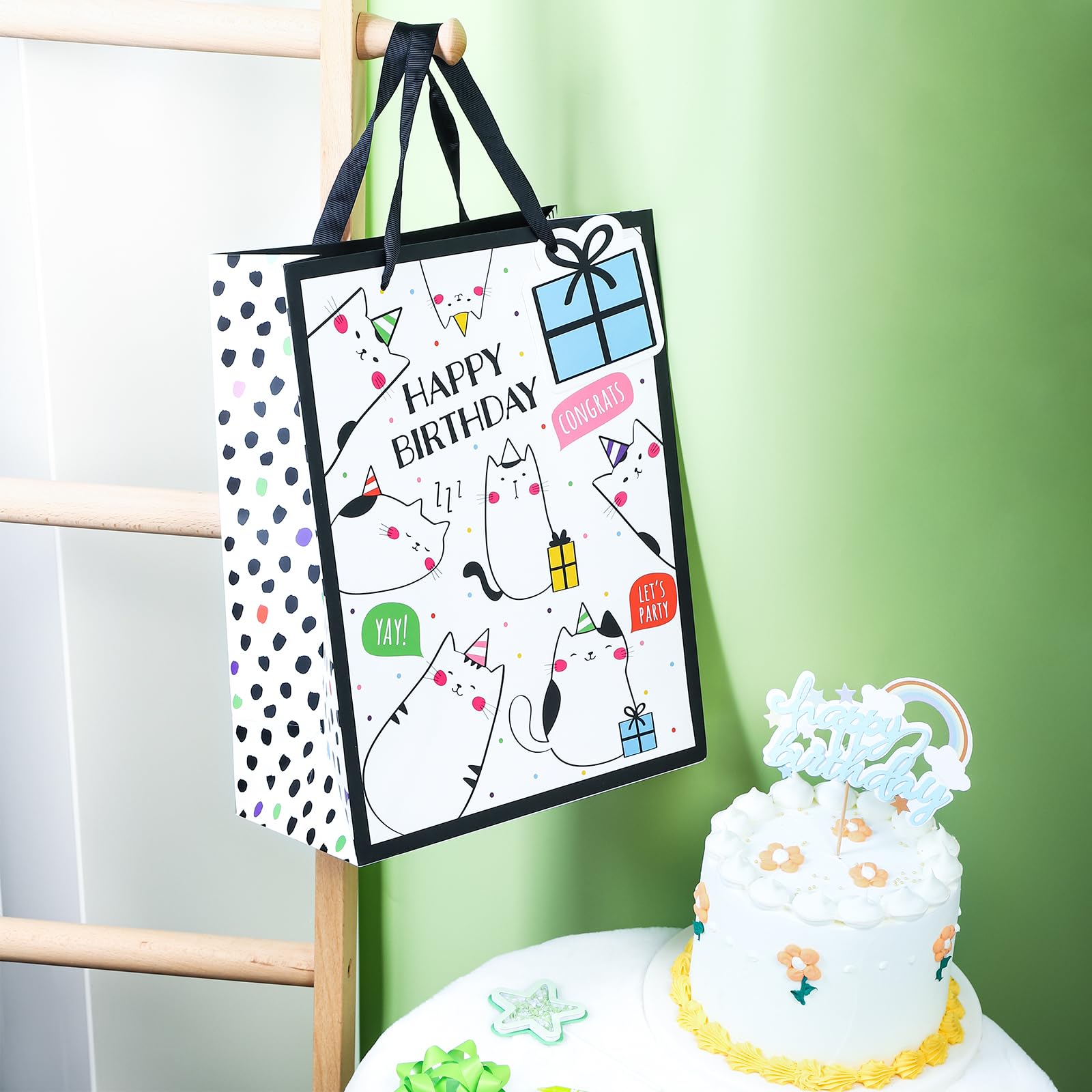 LUUFILx Funny Cat Birthday Gift Bag Set - Includes Card & Tissue Papers For Pet Theme Parties