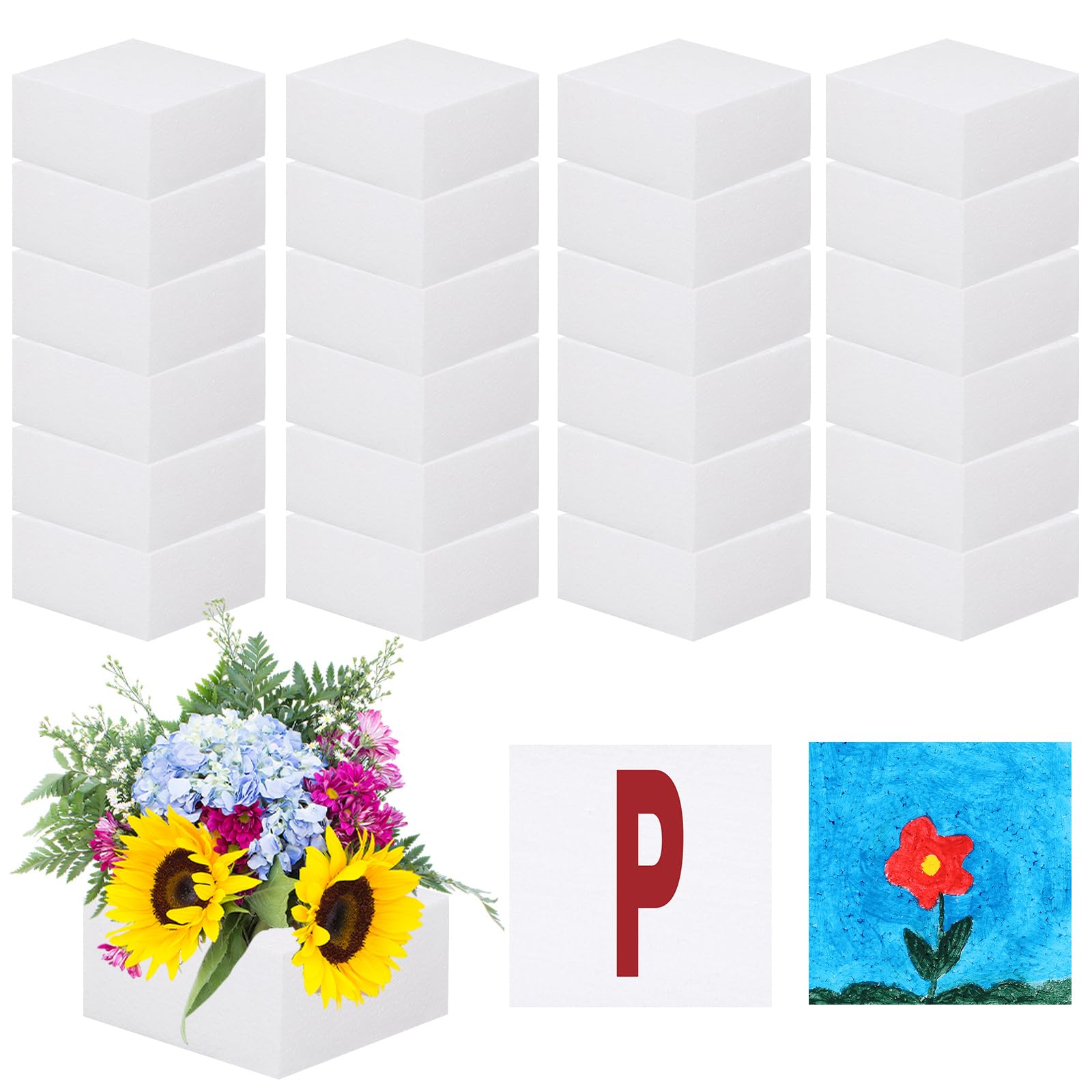 Gilprop 24 Pcs Craft Foam Blocks 4x4x2 Polystyrene Brick with Letter Sticker Pigment Needle and Fishing Line Foam Cubes for DIY Floral Arrangement Friendship Bracelet Art Sculpting Birthday Decoration