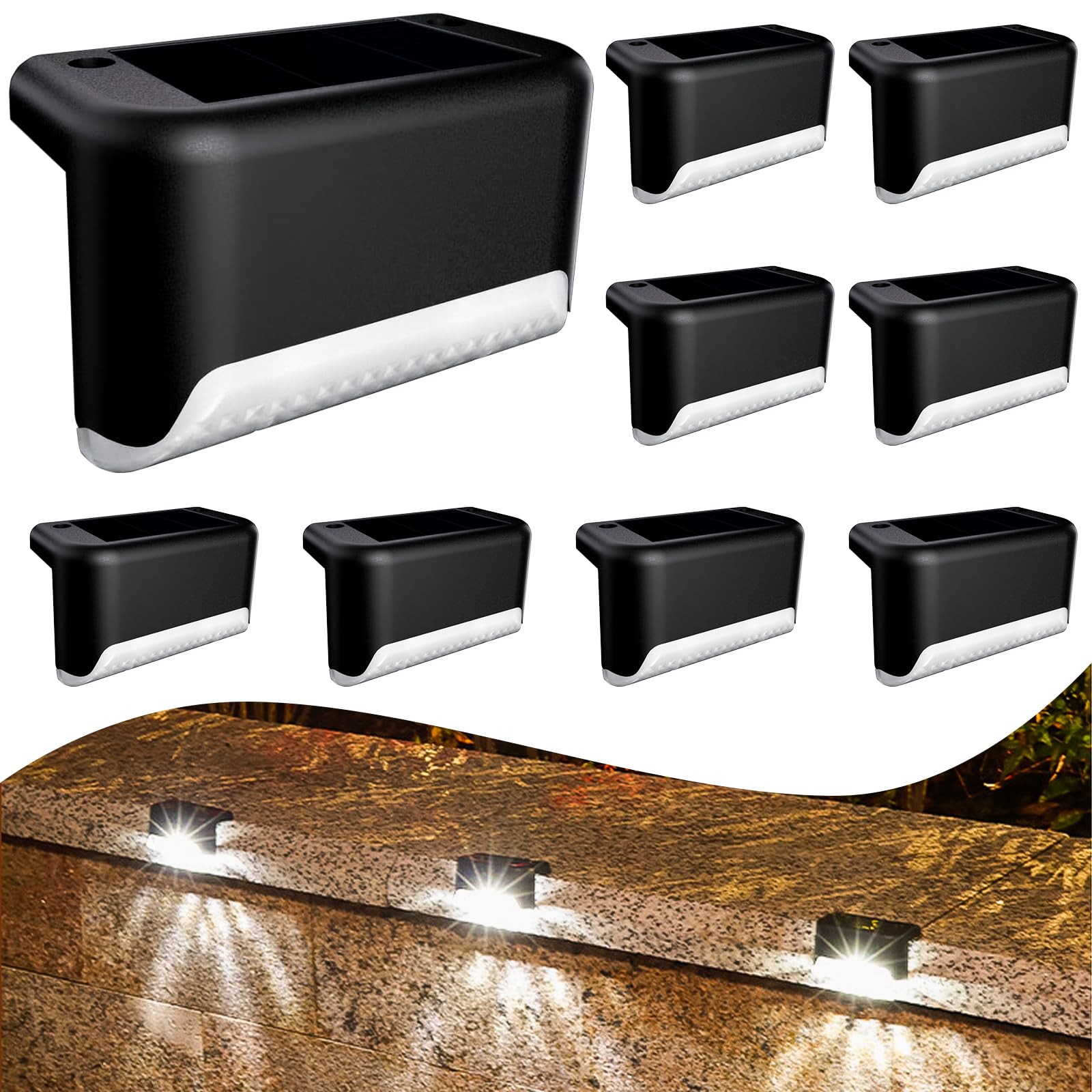 Tearmier 8Pieces Solar Fence Lights, Waterproof Led Decking Lights, Solar Stair Lights, Outdoor Step Lights for Deck Stairs Patio Fence Garden(Cold White)