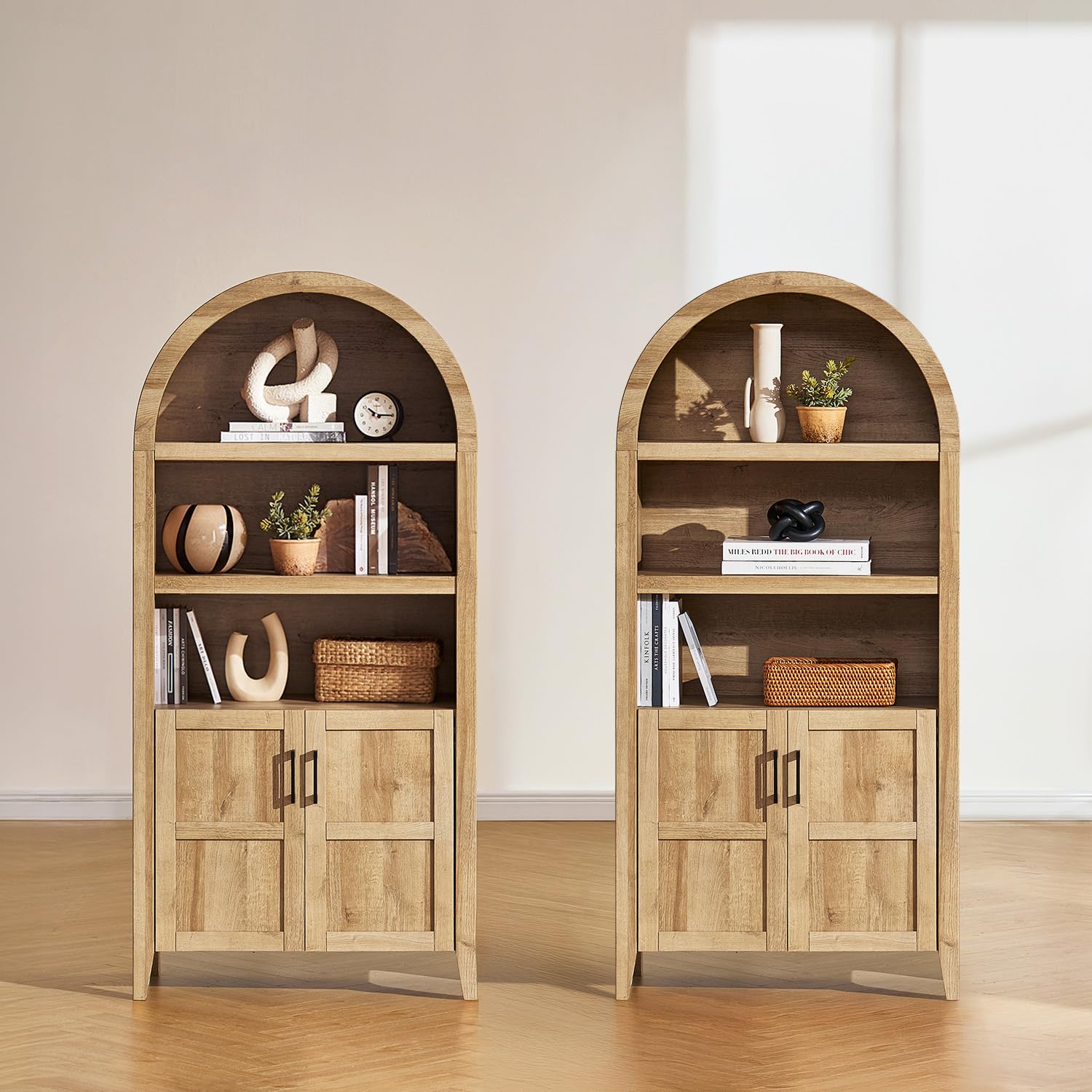 mopio Lauren 65.4" Short Arched Cabinet, 5-Tier Arched Bookcase with Doors and Shelves, Mini Arch Bookshelf with Storage, Wooden Storage Cabinet for Living Room and Kitchen Pantry (Set of 2, Oak)