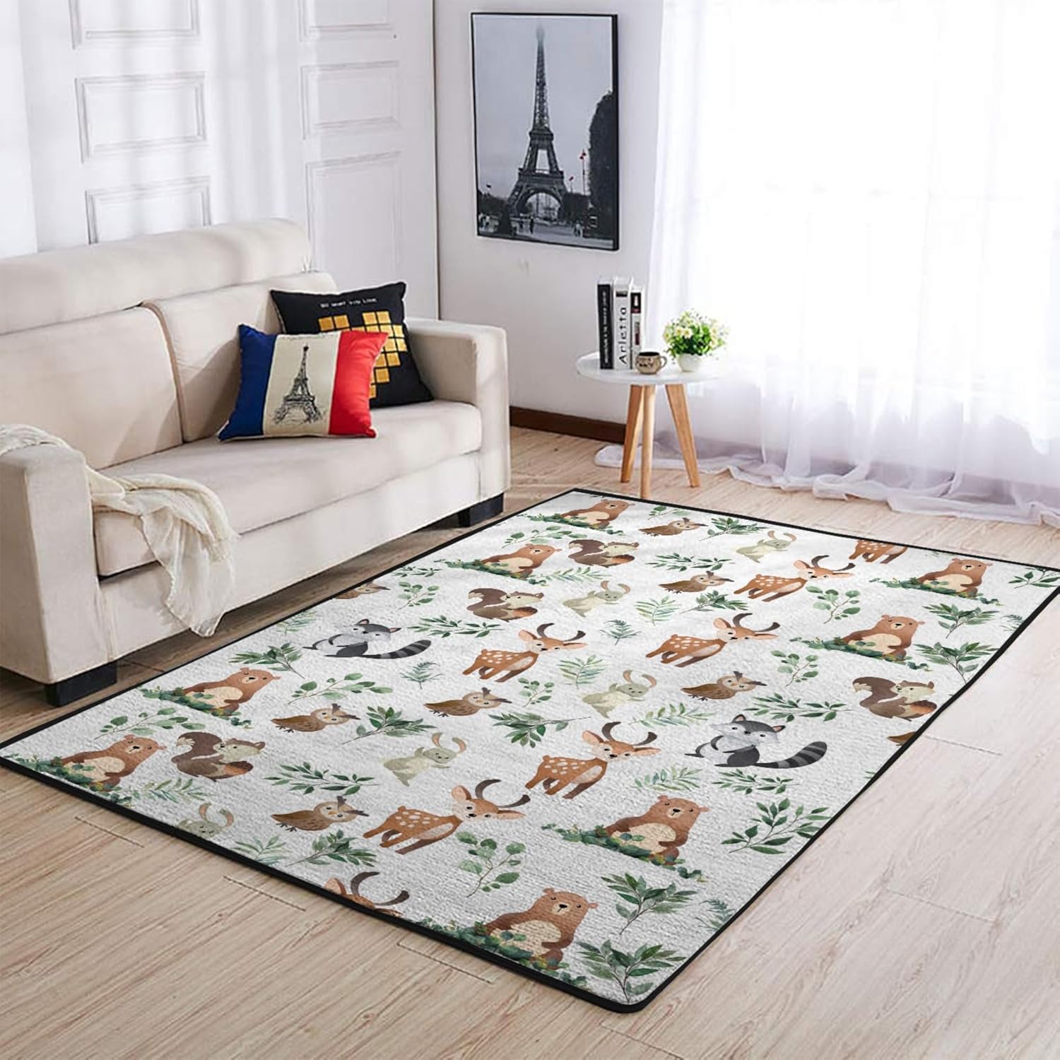 Baby Woodland Animals Green Leaves Area Rugs Bear Deer Owl