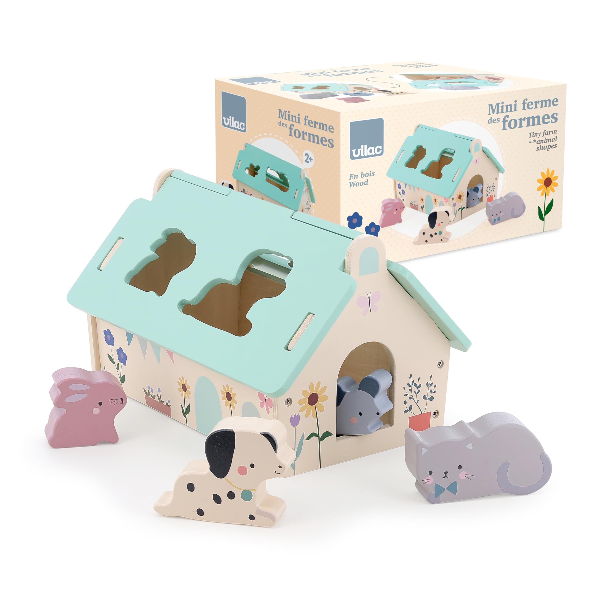 VILAC - Sarah Betz Mini Shape Farm - First Age Toy - 1 House Shape Box + 4 Wooden Animals: Dog, Rabbit, Cat and Mouse - Early Learning Games - From 2 Years Old - 7119