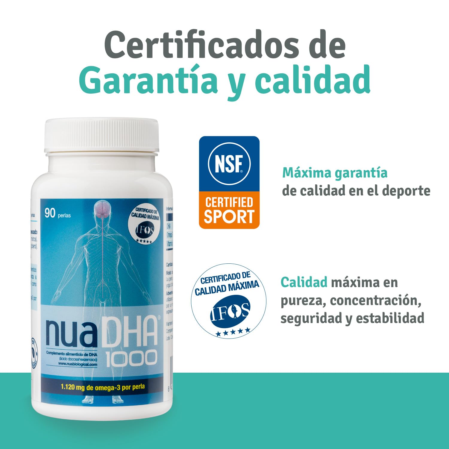 Nua Biological NuaDHA®1000 – Omega 3 100% DHA – 90 Perlas (3 Meses) – 1000 mg DHA por Perla – Forma Triglicérido – Alta Concentración – Sin Grasas Vacías
