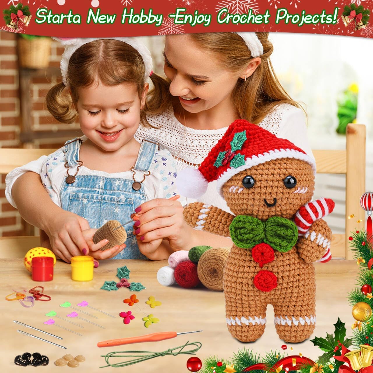 Tierong Crochet Kit for Beginner,Gingerbread Man Crochet Kit with Step-by-Step Video Instructions, Easy to Learn for Ideal Christmas Gift for Adults
