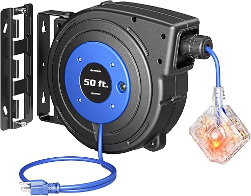 DEWENWILS 50FT Extension Cord Reel, Retractable Cord Reel, Twist-lock Stopper, 14/3C SJTOW, 6 Grounded Outlets, Retractable Extension Cord Reel, 13A Circuit Breaker, Heavy Duty Power Cord, ETL Listed