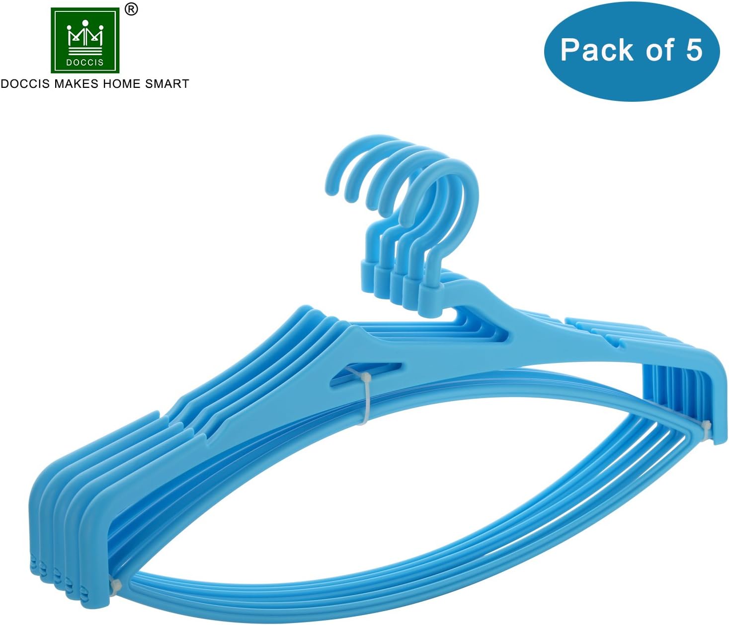 DOCCIS Premium Stereoscopic Clothes Hangers with 360° Swivel & Indents Non-Slip Reinforced Version Ultra Strong & Durable (Blue,Pack of 5)