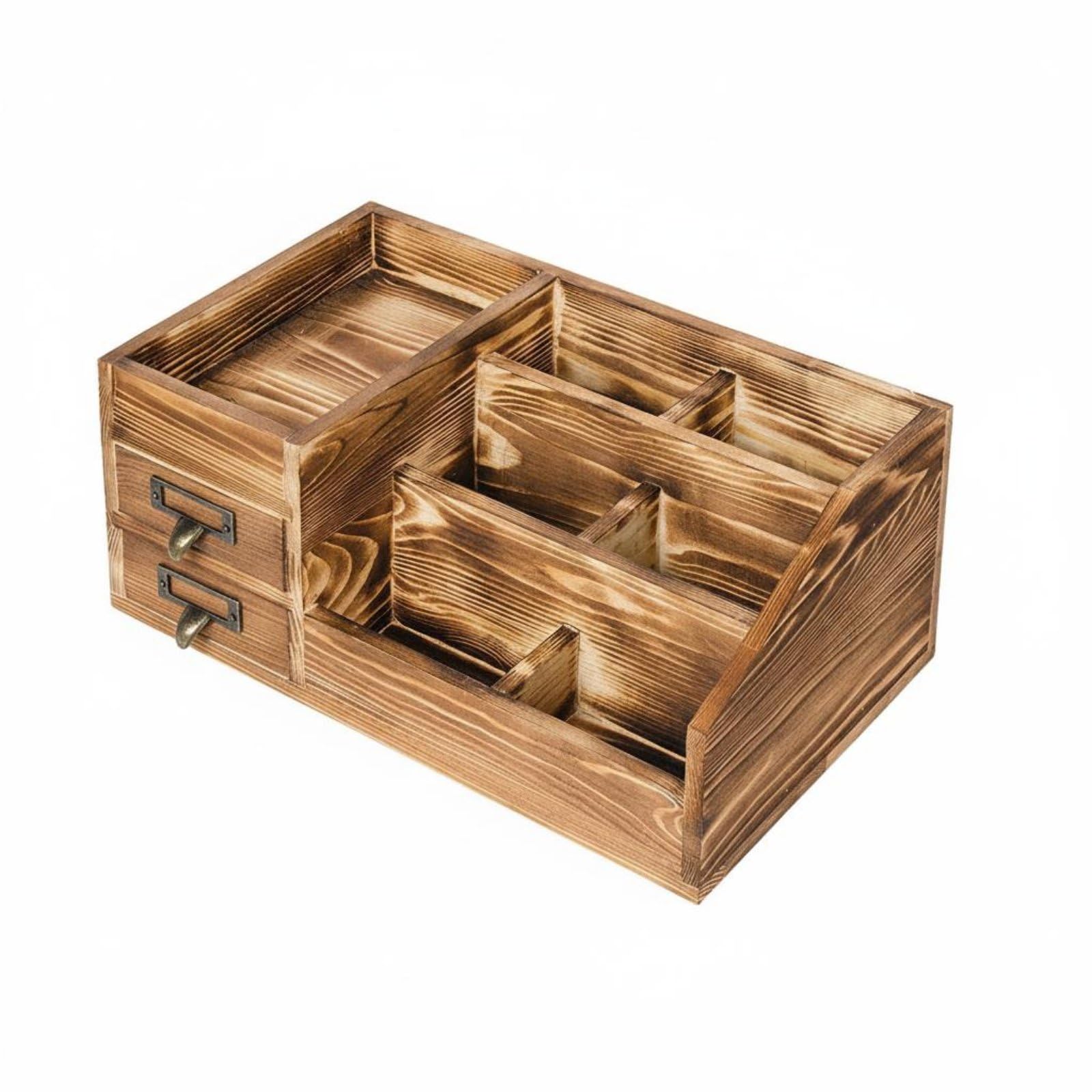 Organizer da Scrivania Portaoggetti Cassettiere Portadocumenti Portapenne in Legno con 6 Scomparti E 2 Cassetti con Portalettere E Portacancelleria Adatto per Ufficio, Carbonizzato