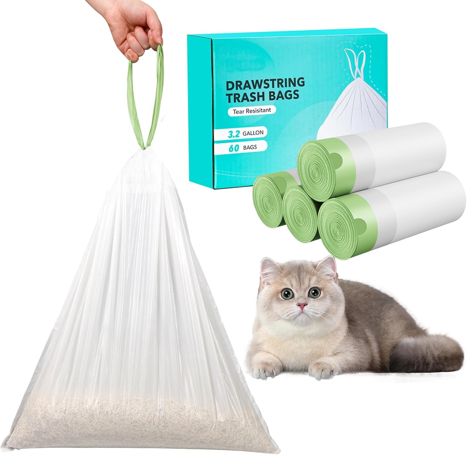 Light Green 3.2 Gallon Trash Bags 60 Pack – Small Garbage Bags with Drawstring Handles for Bathroom, Kitchen, and Office