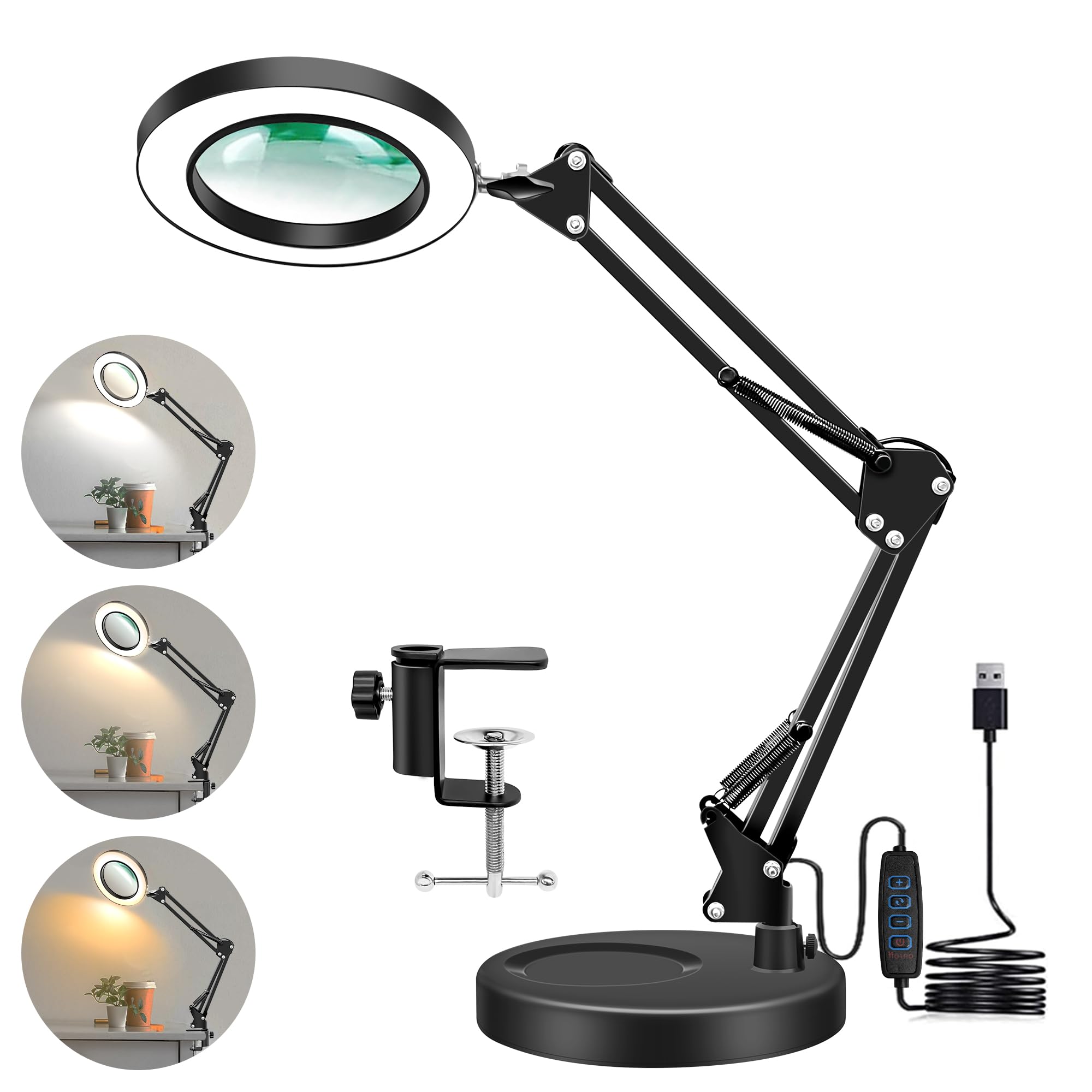 Lupa con luz y trípode, 10 lupas, 2 en 1, lámpara de lupa LED con 3 modos de color, 10 niveles de brillo, manos libres para manualidades, aficiones, pintura, trabajo (negro, con base)