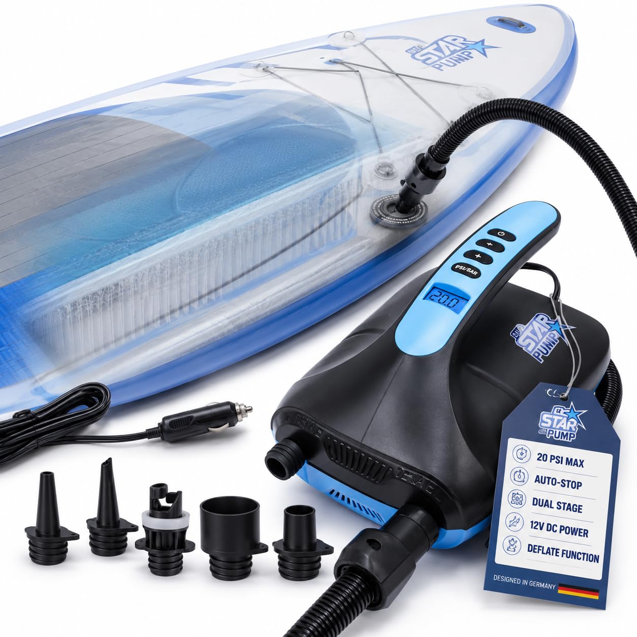 SkinStar elektrische SUP Board Pumpe Luftpumpe Kompressor Stand Up Paddle | Bis 20 PSI, automatischer Stopp, 2-Stufen-System, Abpumpfunktion, 12V Autoadapter 2,75 m, 5 Adapter, deutsche Marke