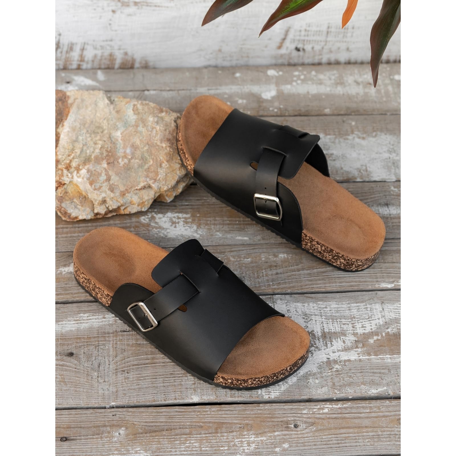 Infradito Sandali da Scivolare con Fibbia Regolabile degli Uomini, Slip-ons in Sughero per L'indossamento Quotidiano Casual-black-44