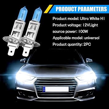 2PCS Car H1 Halogen Bulbs, 12V 100W Car Xenon Light Bulb Headlight Bulbs, Super Bright High Beam, Low Beam and Fog Replacement Bulb, Universal for Most Car Truck Van SUV