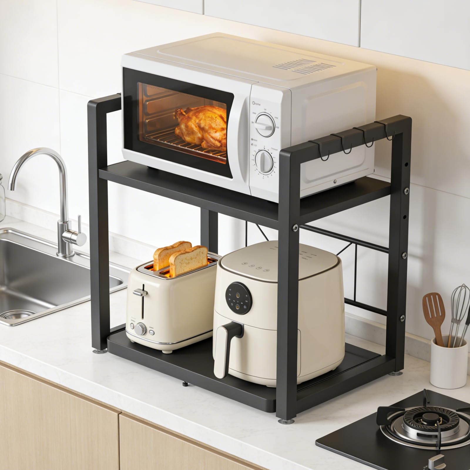 Soporte Microondas Estante 2 Niveles con Cajón, Ajustable 37/55 cm | Luz Espejo Baño LED con Interruptor, 4000K Luz Neutra para Maquillaje, Afeitado y Cuidado Diario Frente al Espejo