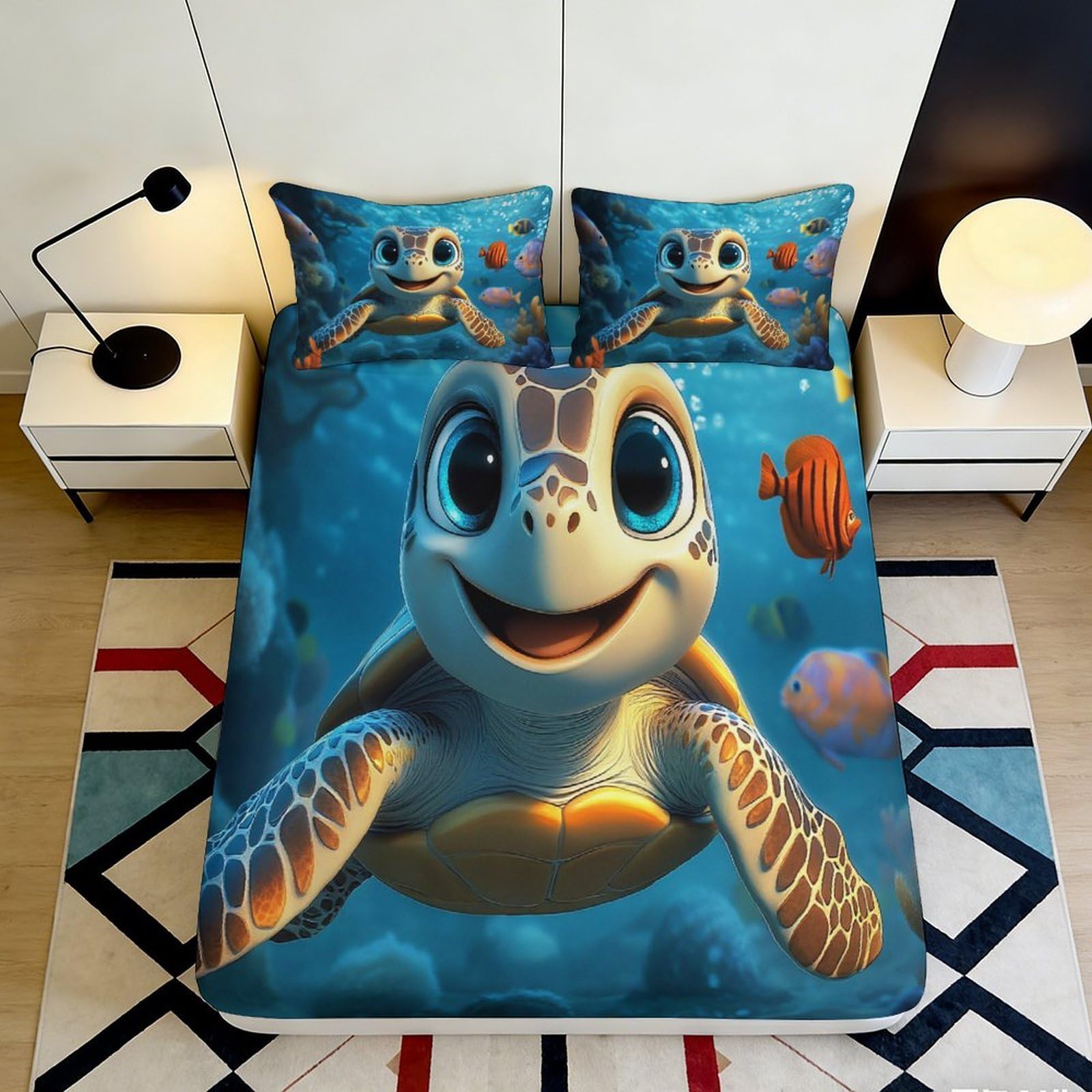 3D Printed Sea Turtle Pattern Fitted Sheet Microfiber Deep Pocket Elastic Hem for Adults Teens Ocean Mattress Fitted Cover Washable Non-slip 90x200x25cm