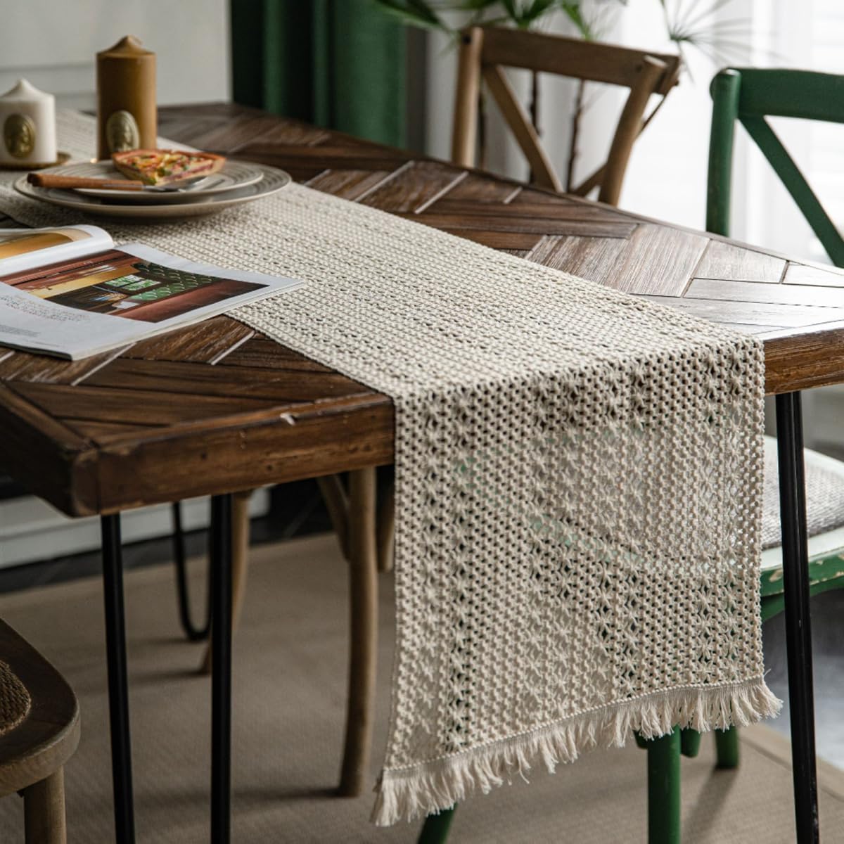 Boho Beige Table Runner, Washable Table Runner with Tassels, Tablecloth for Kitchen, Dining Table, Table Decoration, Indoor, Holiday, Party Decor, 30 x 160 cm