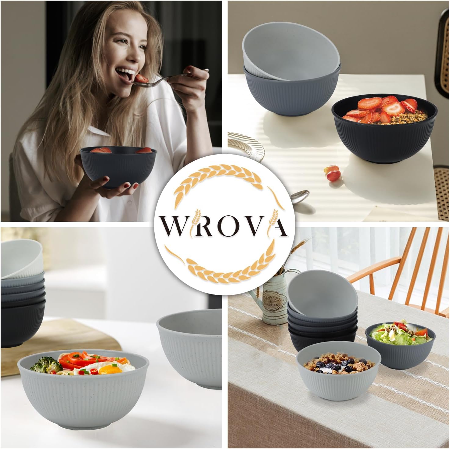 Wrova Plastic Bowls Microwave Safe, Wheat Straw Bowls Set, 8 PCS, 26 OZ