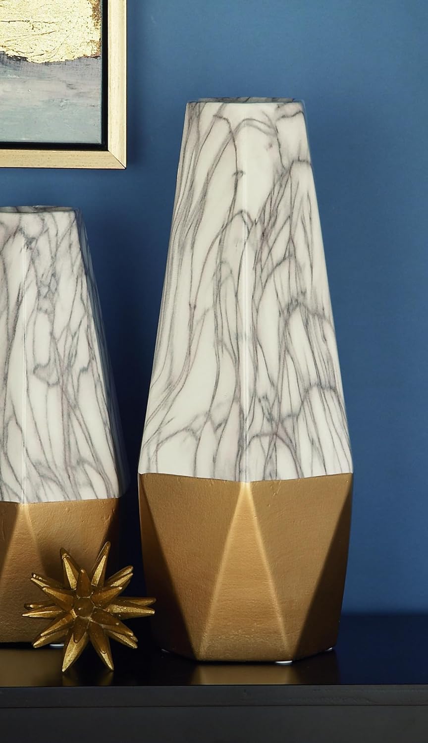Deco 79 Ceramic Decorative Vase Faux Marble Centerpiece Vase with Gold Base, Flower Vase for Home Decoration 7" x 7" x 18", Gold