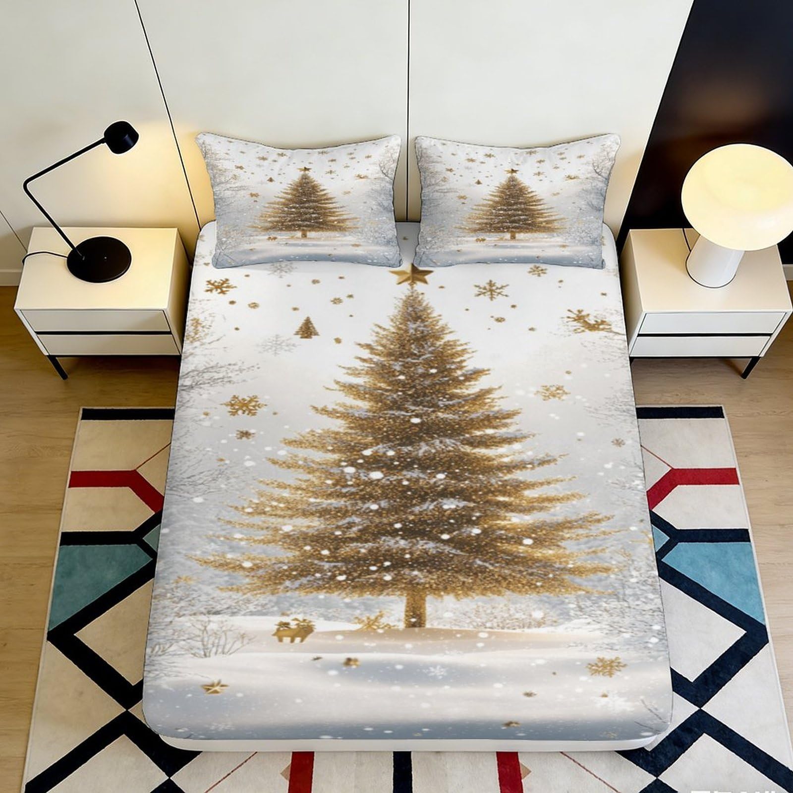 3D Printed Golden Christmas Tree Fitted Sheet Microfiber Soft Breathable Snowflake Bed Cover for Bedroom Dormitory Guest Room Mattress Protection 120x200x25cm