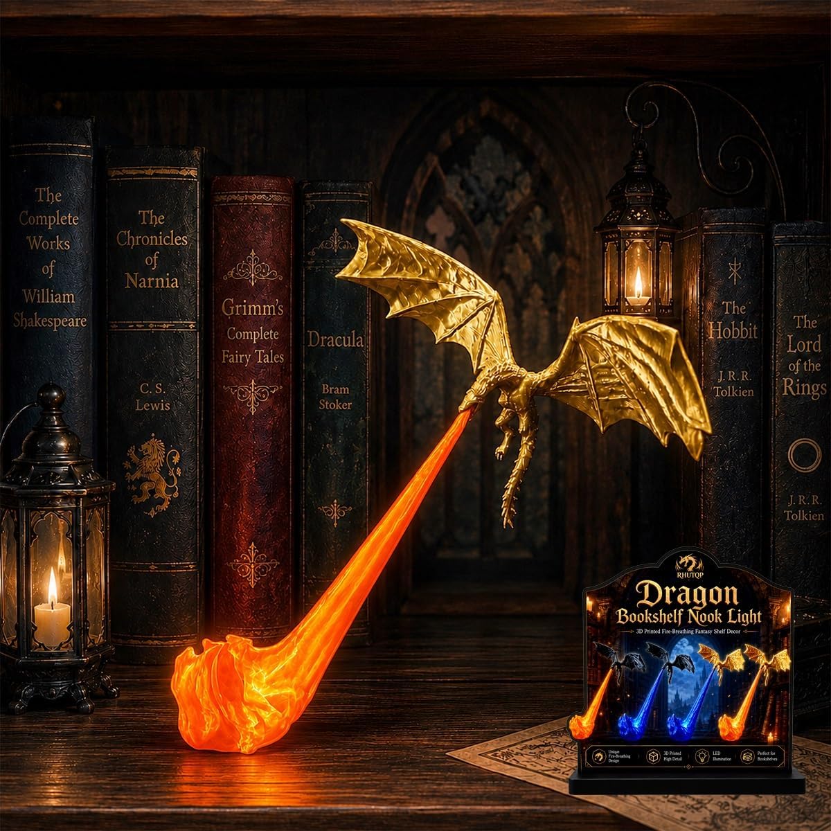 Dragon Bookshelf Nook Light, 3D Printed Fire-Breathing Fantasy Shelf Decor, Flying Dragon Design with Red or Blue Flame, Book Lover Gift, Halloween Display (Gold Dragon with Red Flame)