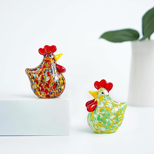 Miniatura 8 de H&D HYALINE & DORA Juego de 2 mini figuras de gallo de vidrio soplado de cristal de pollo coleccionable, adornos de animales de cristal para