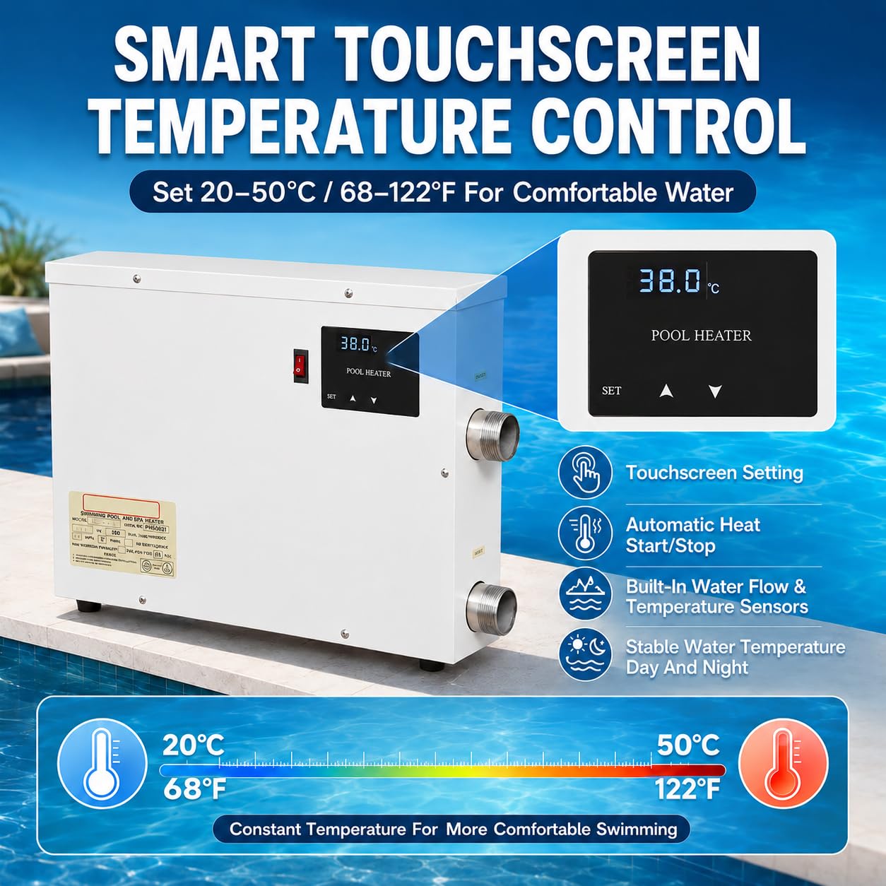 Bomba de Calor Piscina Alternativa Eléctrica PHS, Calentador Piscina 5,5–15 kW, Termostato Táctil 20–50 °C, Tubo Acero Inox 316, Conexiones 1,5 Pulgadas, para Spa y Piscina Fuera de Tierra 6kw
