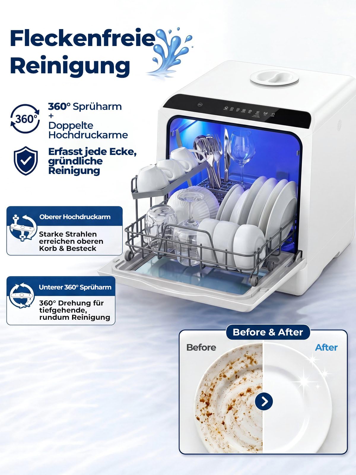 FOHERE Mini Geschirrspüler 5-Liter-Tank Timer-Funktion 2-in-1-Wasseranschluss 6 Programme LED-Display Tischgeschirrspüler 42,5×42,5×45,5
