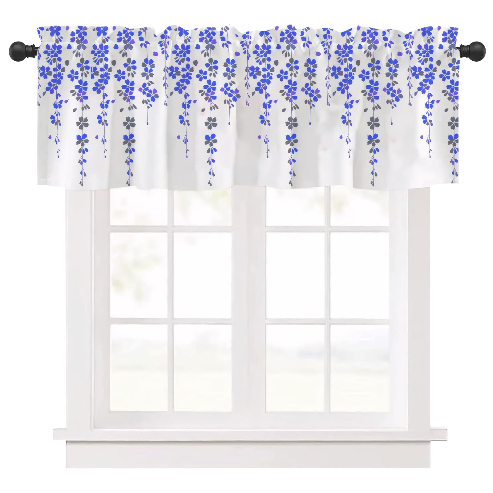 Ausing Short Floral Kitchen Curtain Blue Vine Printed Valances Panel Tiers Modern Decor Bedroom