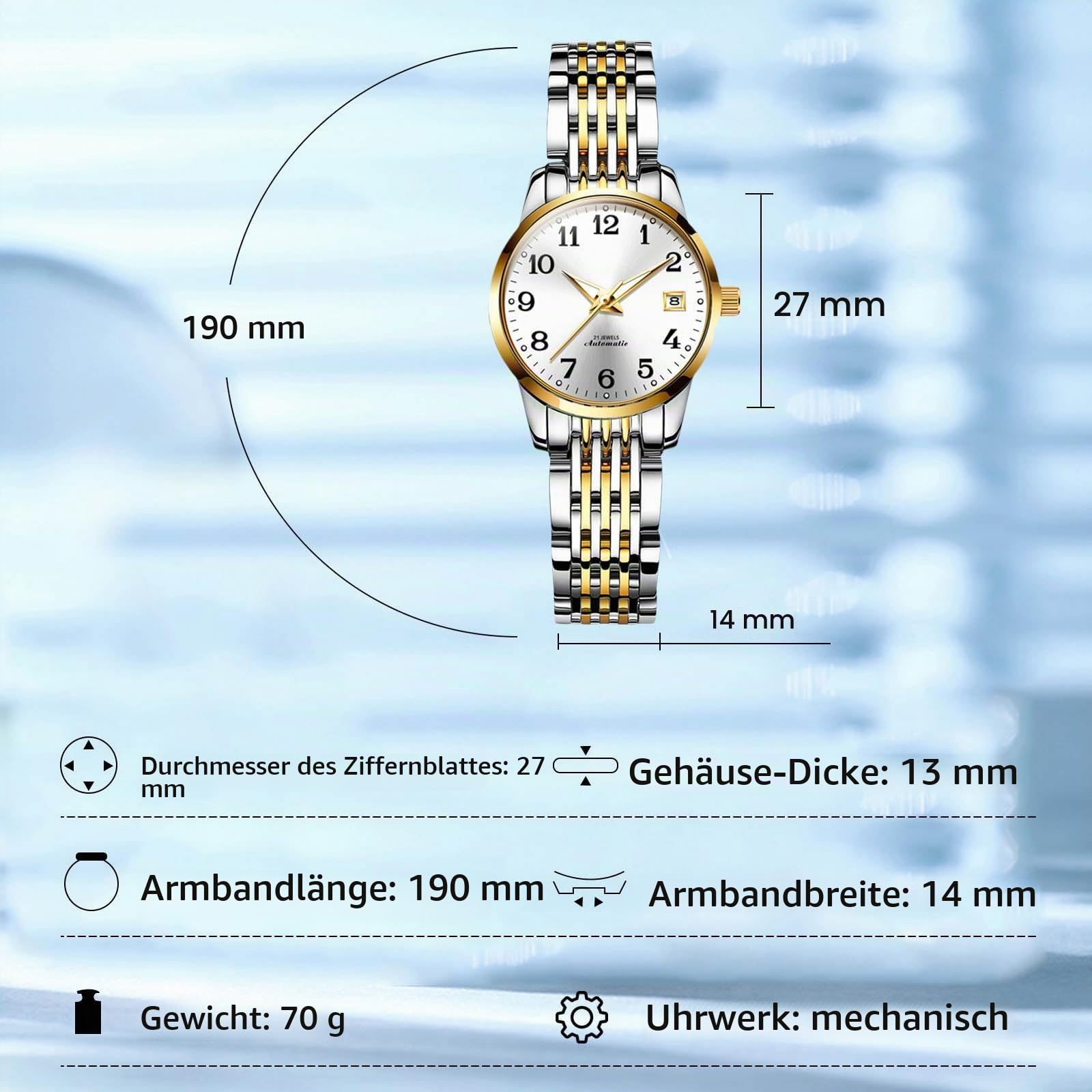 RORIOS Frauen Mechanische Uhr Damen Elegant Armbanduhren Minimalistisch Automatik Uhr Mode Automatik Edelstahl Uhr Leuchtend Analog Damenuhren Weiß A