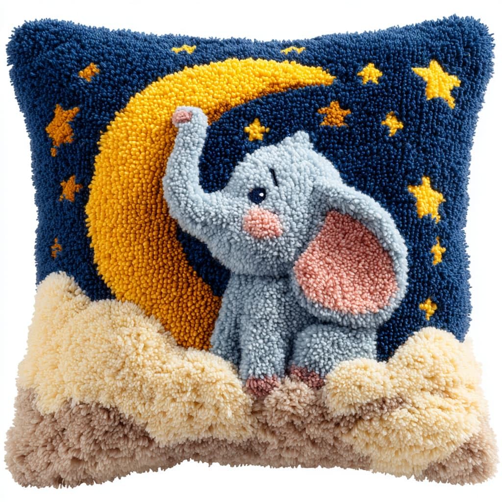Taxpy DIY Latch Hook Pillow Kits, Elephant and Moon Throw Pillow Cover Pre-Printed Patterns Pillowcase Needlework Crochet Yarns Latch Hooking Cushion for Sofa Decor 17x17inch
