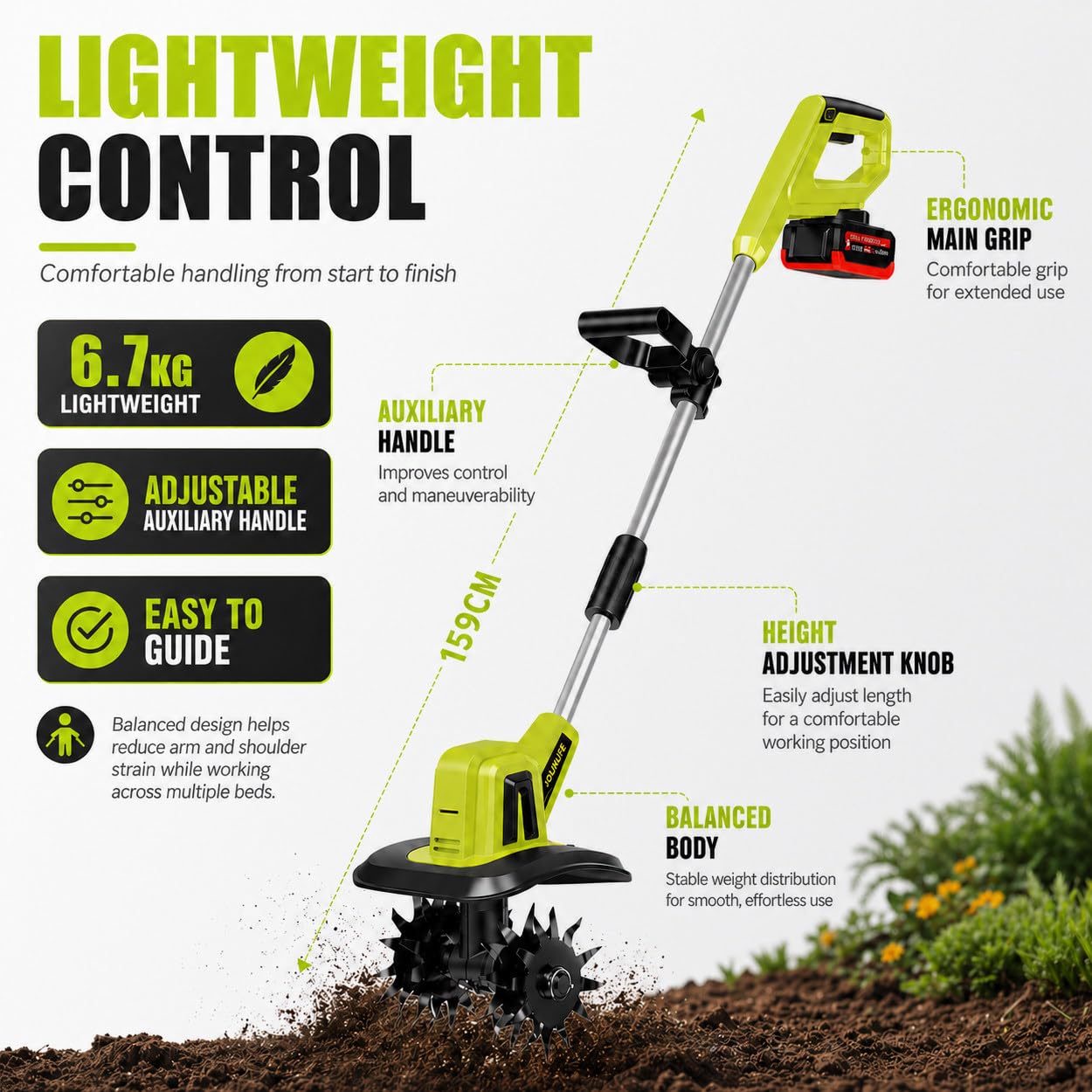 Cultivador Manual para Jardinería, Motoazada Eléctrica Inalámbrica con 4 Dientes de Acero, Ancho de 25 cm, Profundidad de 22 cm, Rotocultivador Ligero para Preparación y Aireación del Suelo