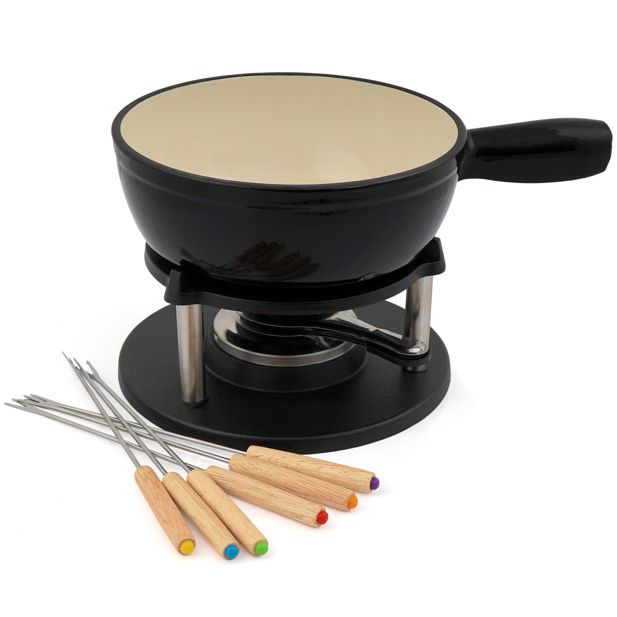 BBQ-TORO Service à Fondue en Fonte pour 6 Personnes (Noir/crème) | 2 litres | Service à Fondue émaillé | 9 pièces avec brûleur et fourchettes