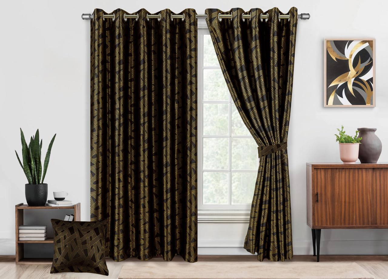 MILANO COLLECTIONS® Metallic Foil - Printed Geometric Lattice Pattern Blackout Curtains for Bedroom & Living Room – 2 Panels with Tiebacks & 4 Cushion Covers - (Black)