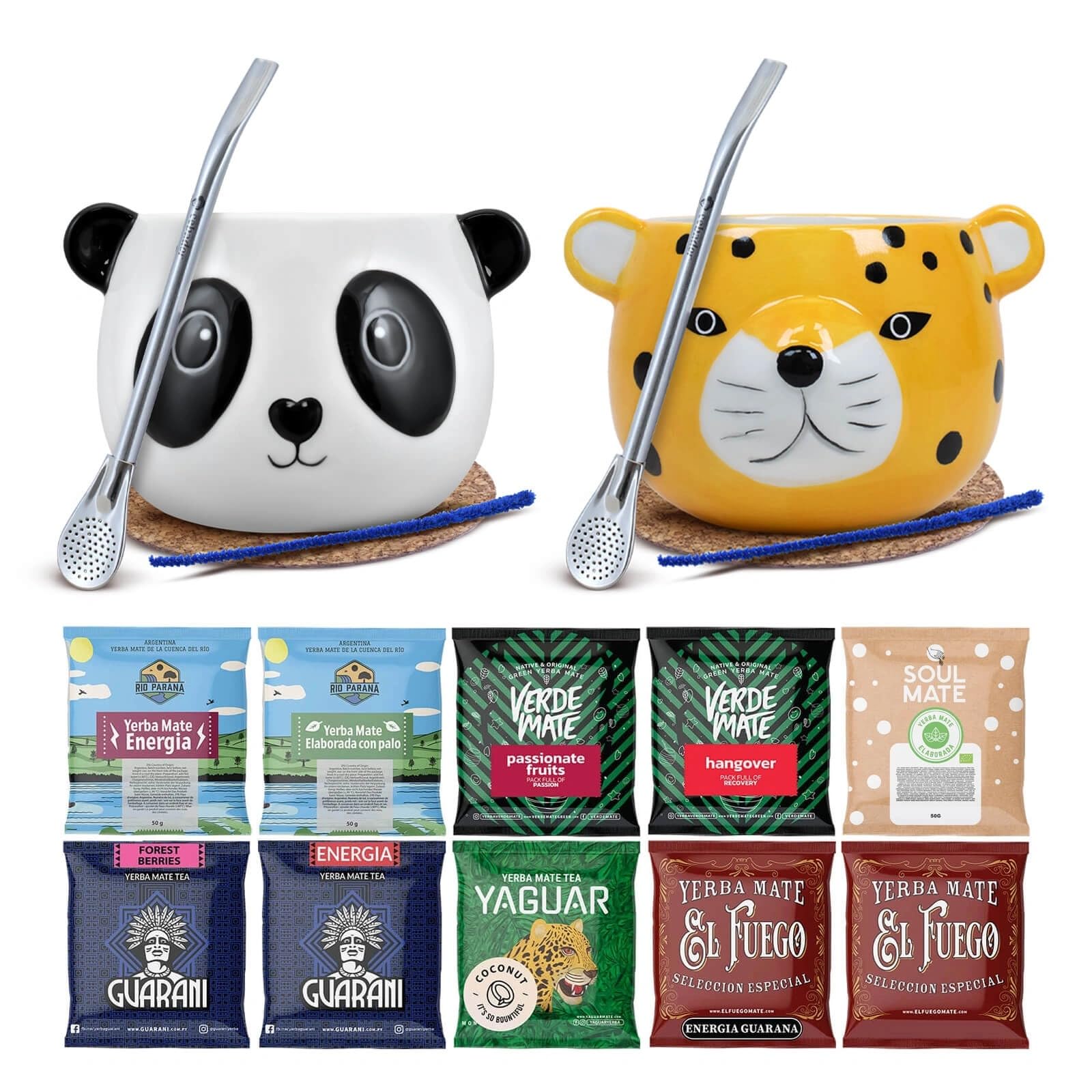 Yerba maté set pour deux avec accessoires 10x50g - Yaguar, Verde Mate, Soul Mate, Guarani, El Fuego, Rio Parana, Calebasse, bombilla et accessoires, Caféine naturelle