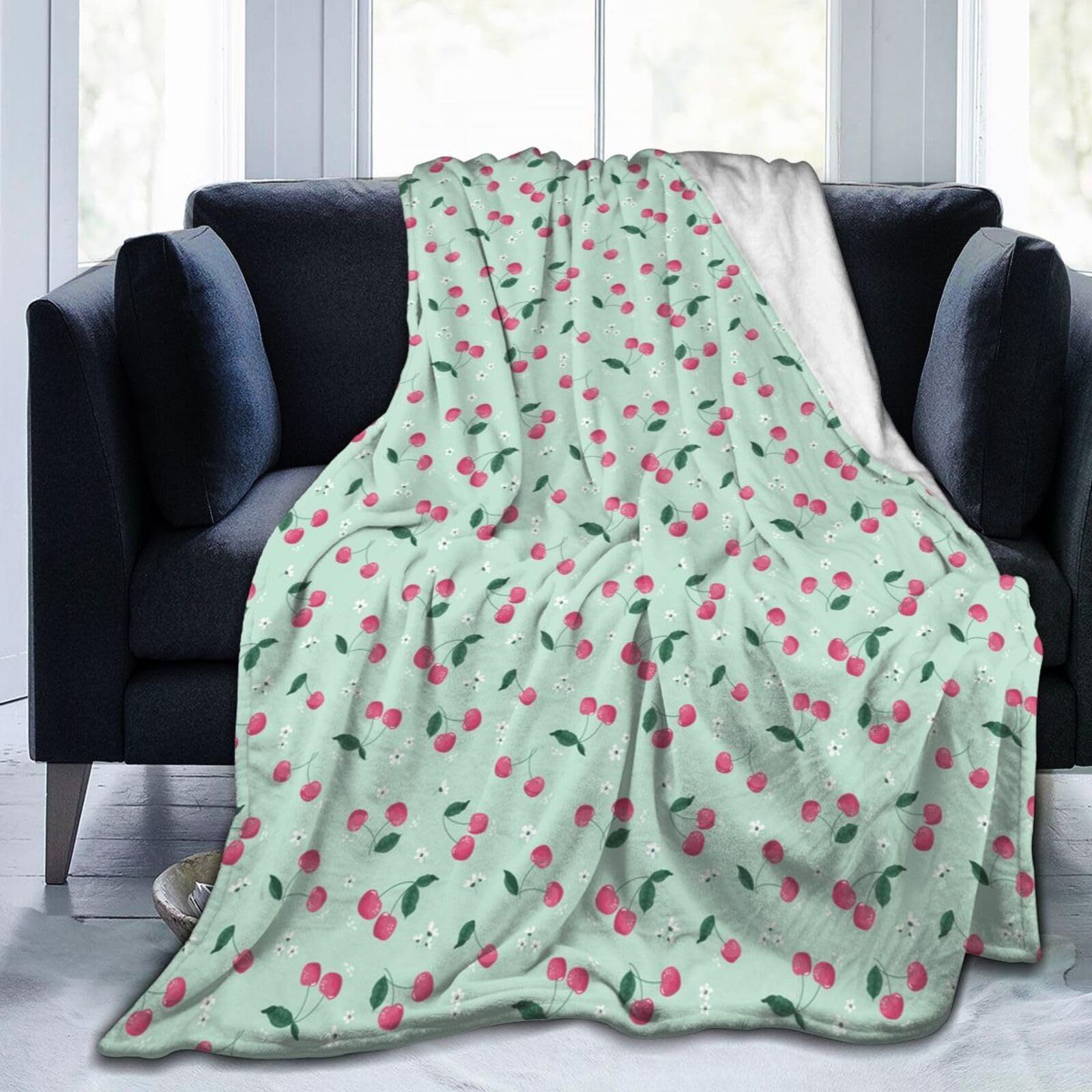 TORR Summer Cherry And Blossom Blanket Fleece Throw Blanket Soft Flannel Blanket Decor For Couch Sofa Gifts 60"X50"