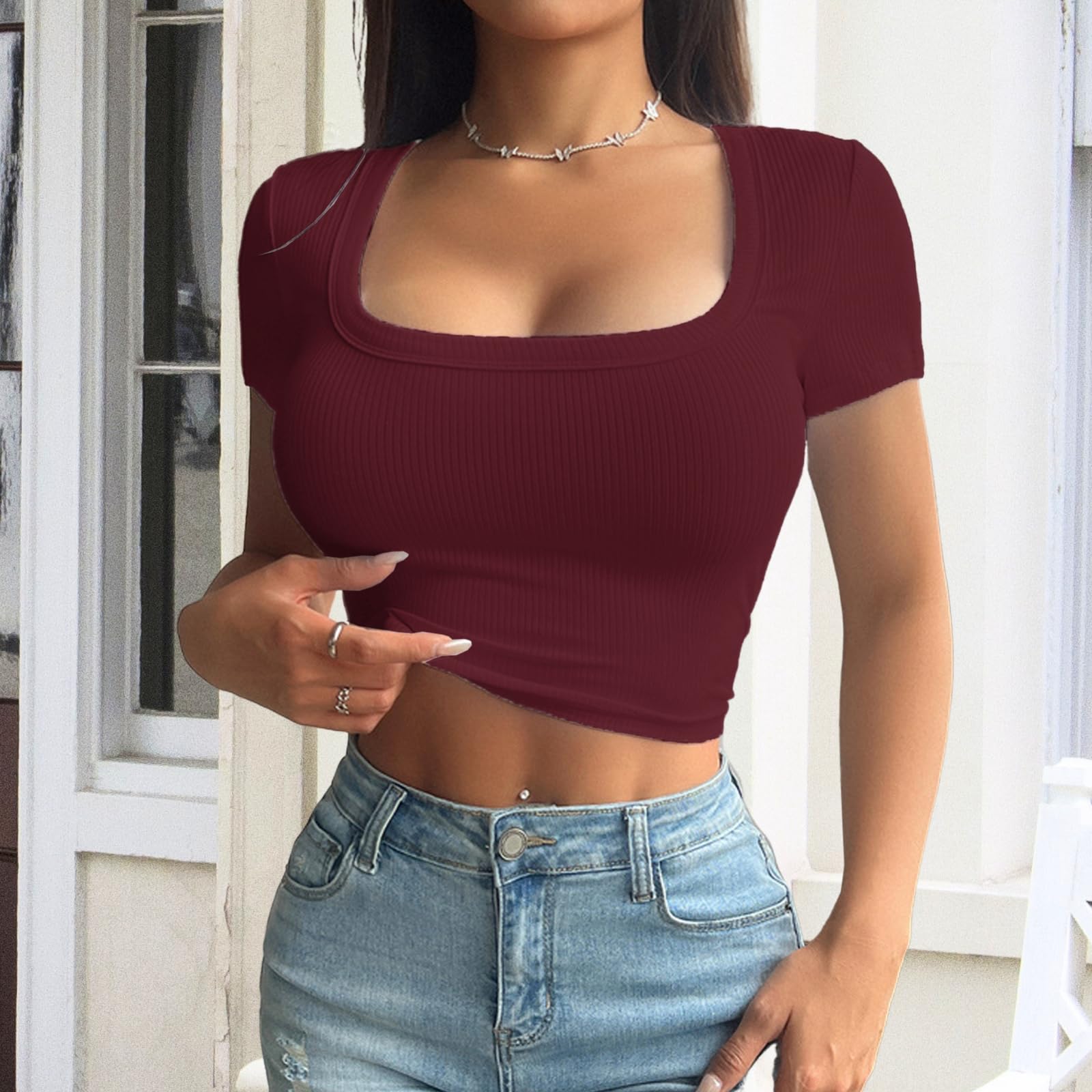 crazy bean Magliette Donna Manica Corta t Shirt Slim Fit Top Corto Maglietta di Base con Scollo a U Y2K Sexy Casual Estive